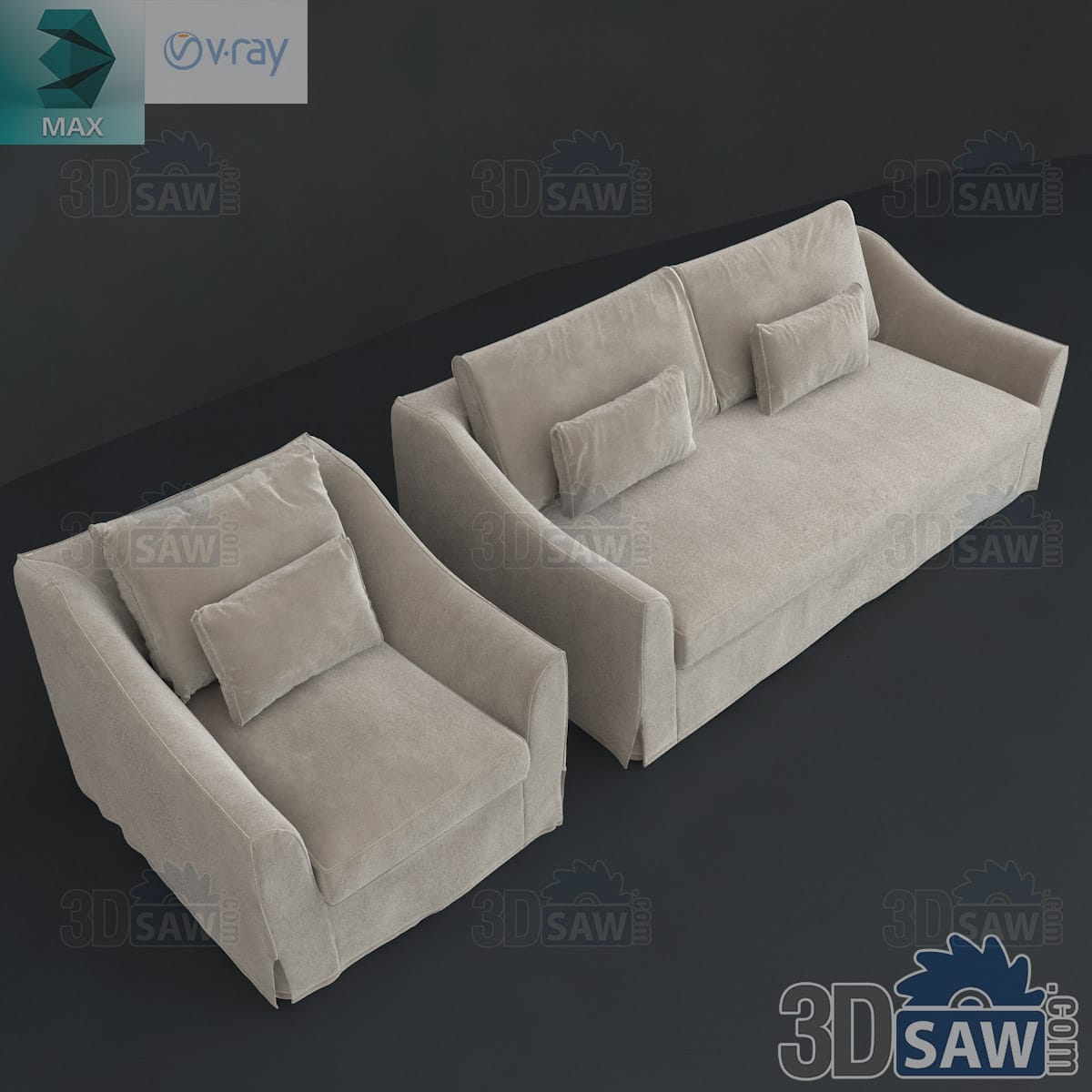 3ds Max beige slipcovered sofa and armchair with sloping arms, skirt and loose cushions