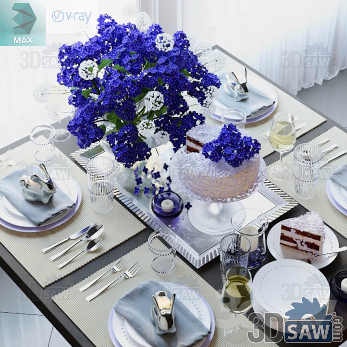 3ds Max blue and white table setting with a hydrangea bouquet, frosted layer cake and rabbit napkin rings