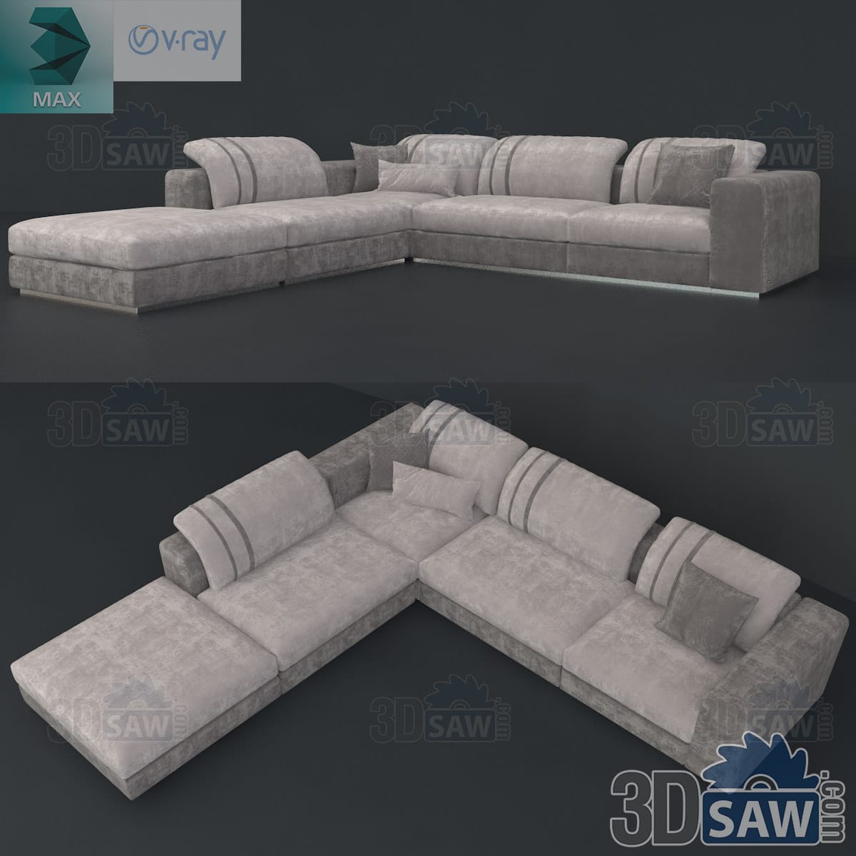 3ds Max grey chenille L-shaped sectional sofa with open chaise, fold-up headrests and chrome base