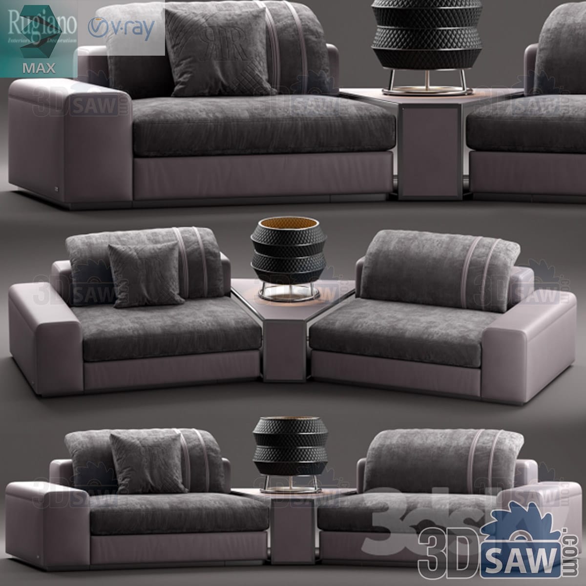 3ds Max charcoal velvet and mauve leather sectional sofa with a corner console and ceramic lamp