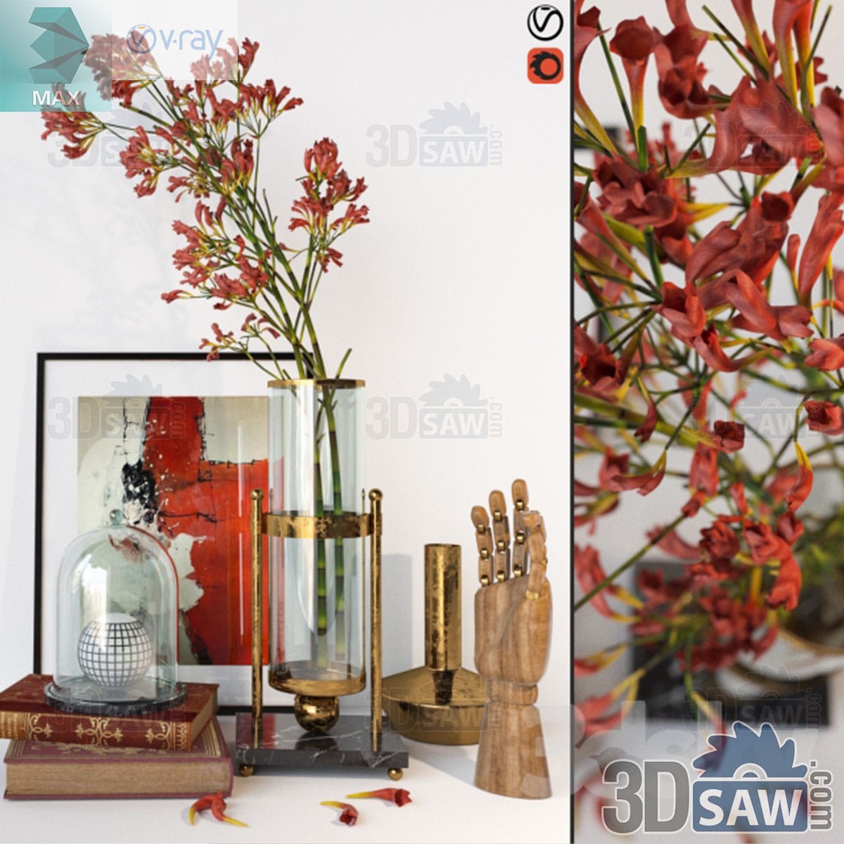 3ds Max decor set with red kangaroo-paw flowers in a glass vase, leather books, a cloche and a wooden hand