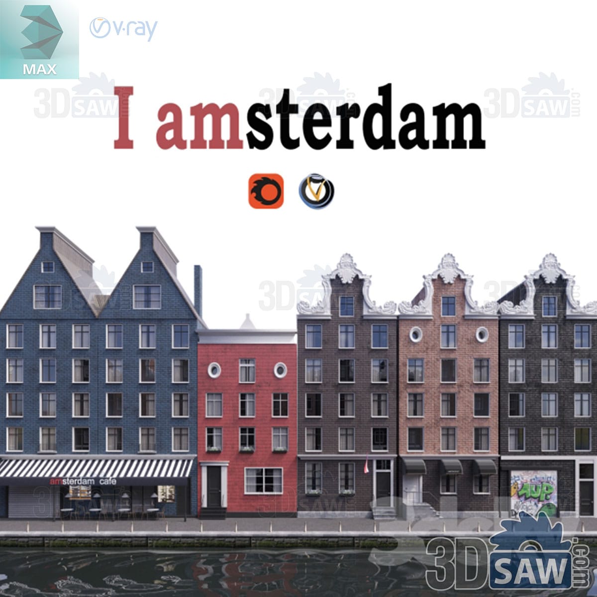 3ds Max row of Dutch canal houses with stepped gables in blue, red and pink brick above canal-side shopfronts