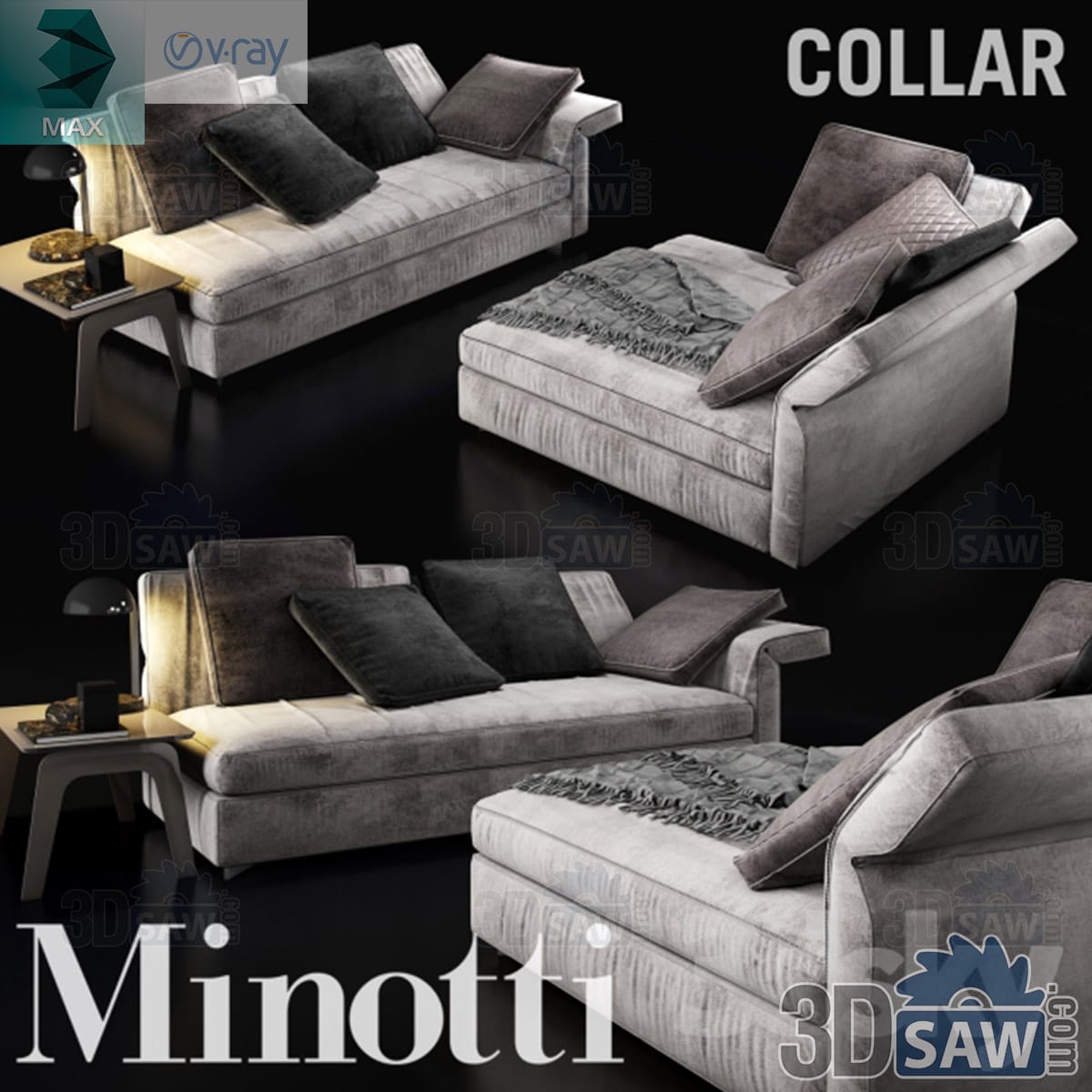 3ds Max grey velvet chaise daybed sofa with movable backrests, fringed throw and a black dome side lamp