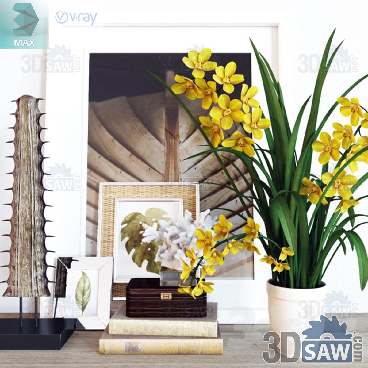 3ds Max floor decor set with leaning framed art, antique books, a coral sculpture and a yellow orchid