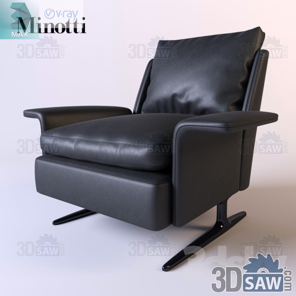 3ds Max black leather lounge armchair with wide flat armrests on a polished black metal blade base