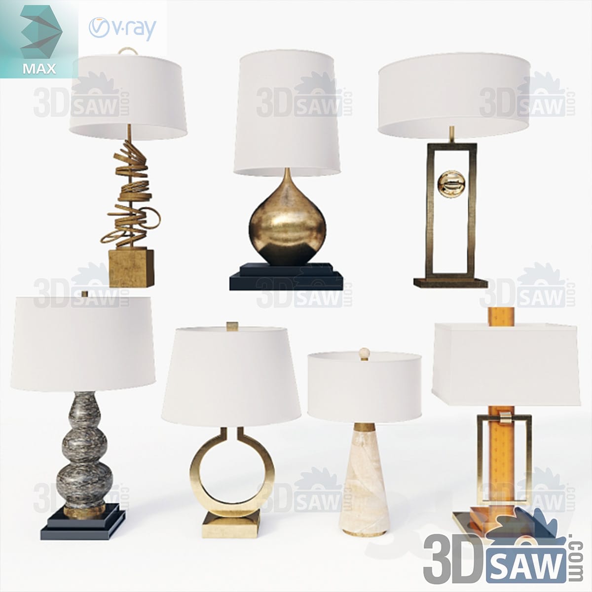 3ds Max collection of seven table lamps with white shades on brass, marble, onyx and gold caged bases