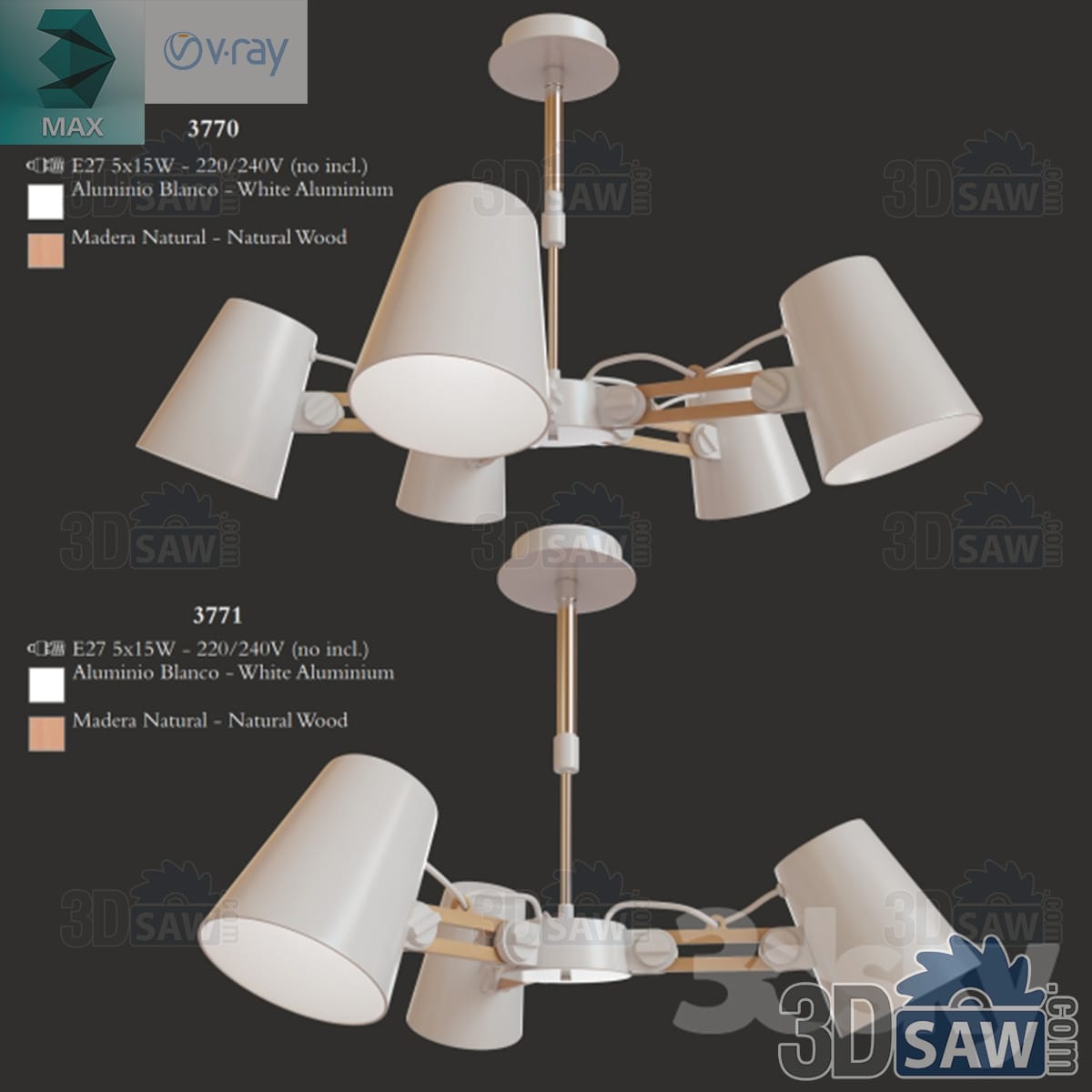 3ds Max six-arm ceiling light with adjustable white cone shades on natural wood and white metal arms
