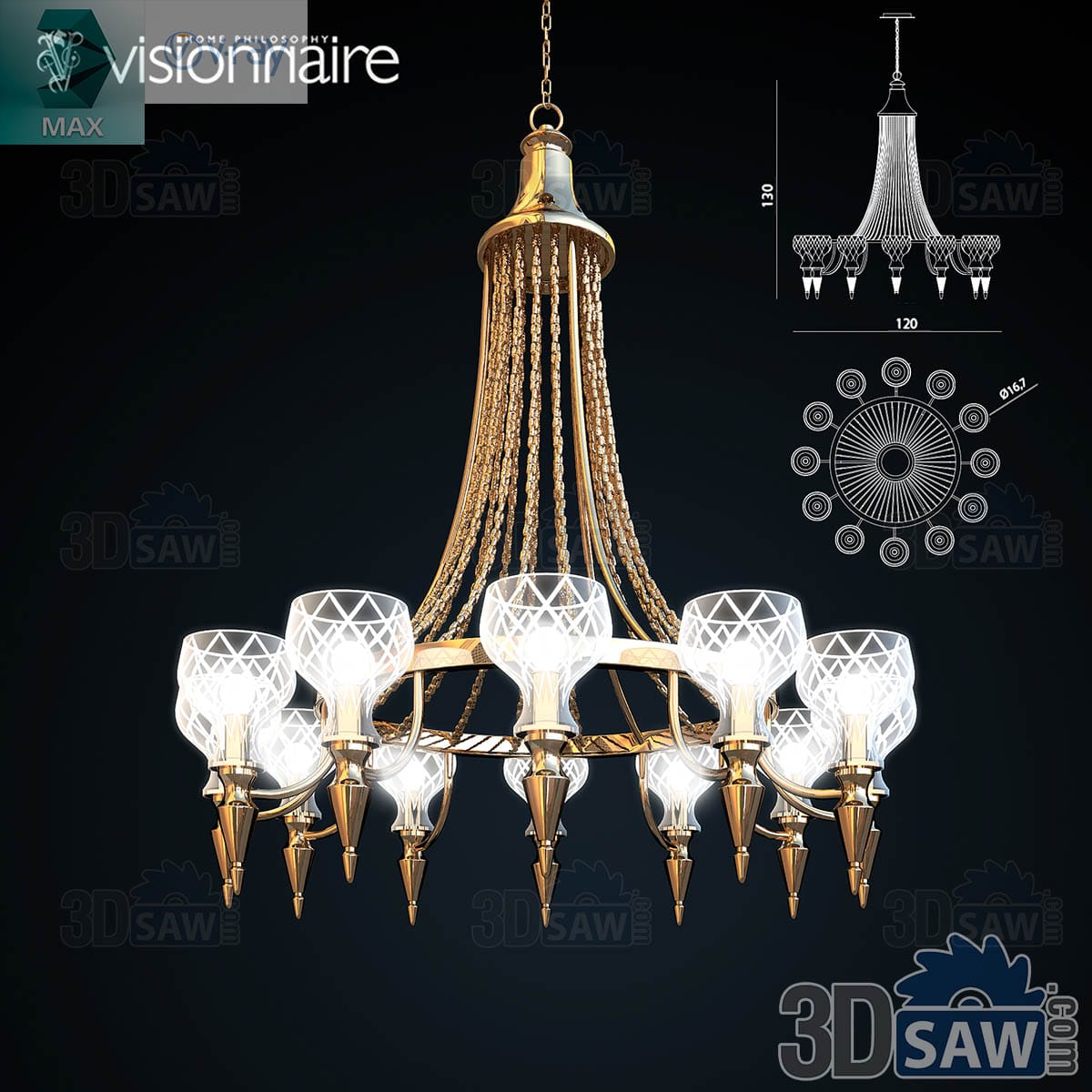3ds Max gold chandelier with cascading beaded chains, a ten-arm ring, cut-crystal tulip glasses and spike finials
