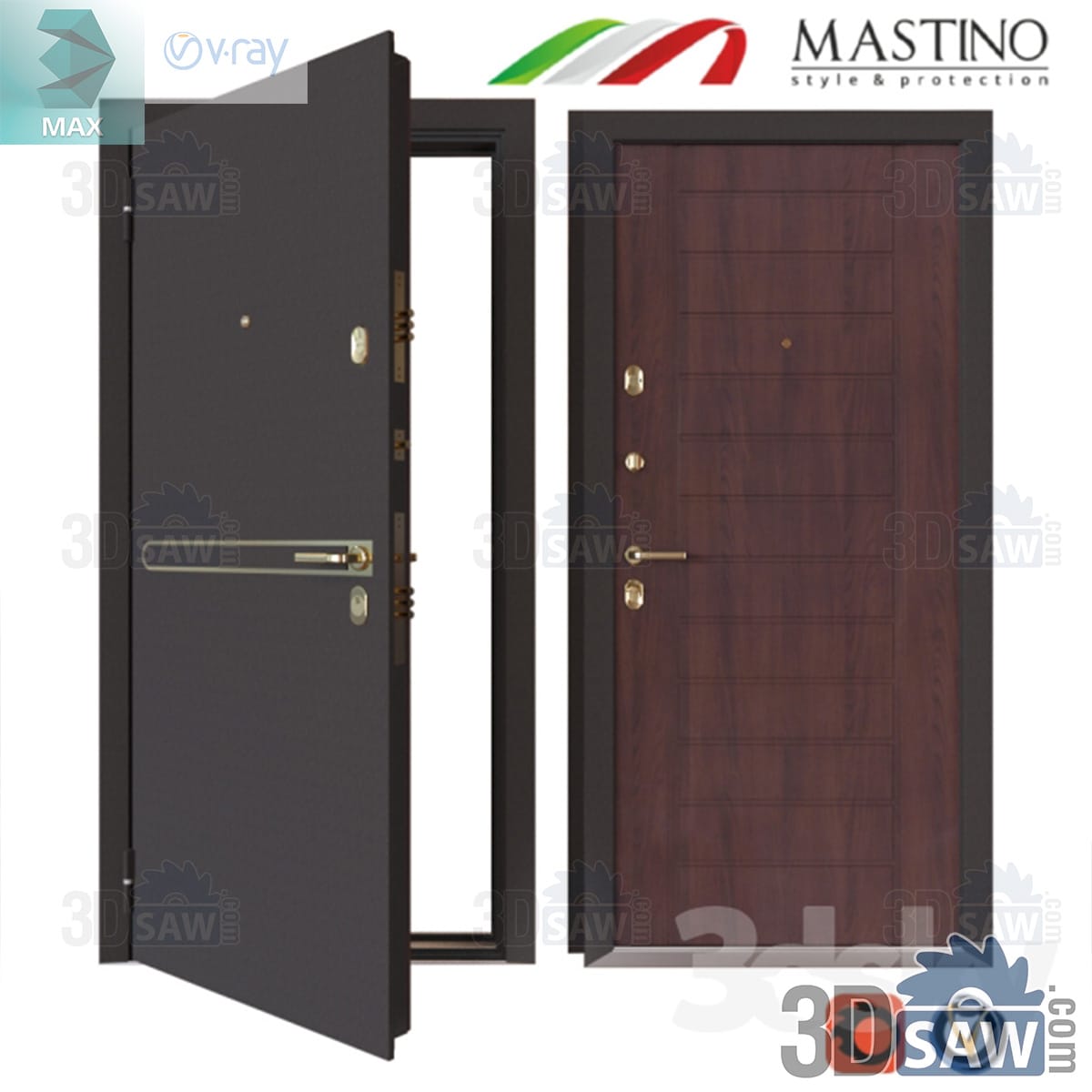 3ds Max steel entry security door shown ajar with grey outer face, lever handle and multi-point locking