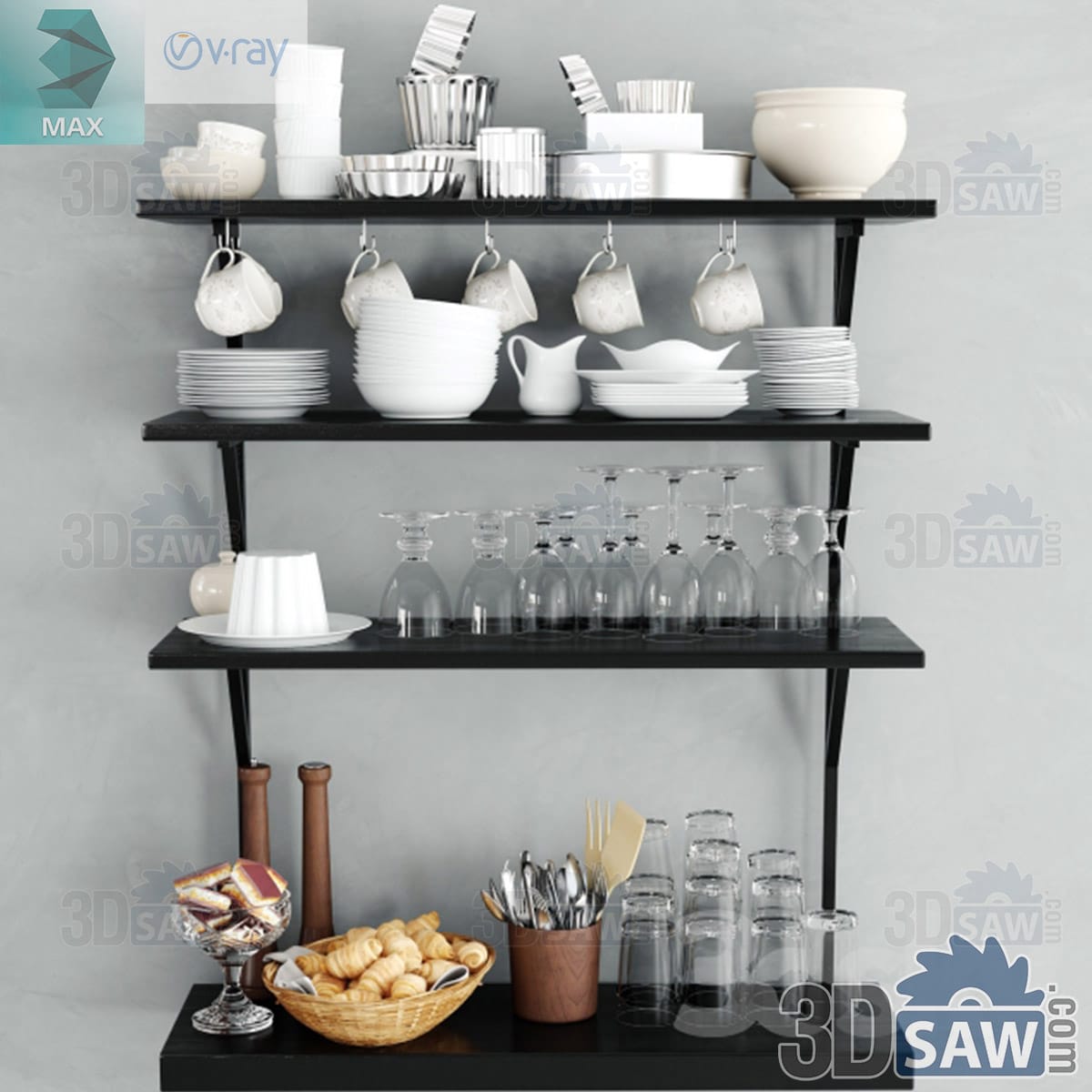 3ds Max black wall shelves styled with white ceramic tableware, glassware, baking tins and pastry baskets