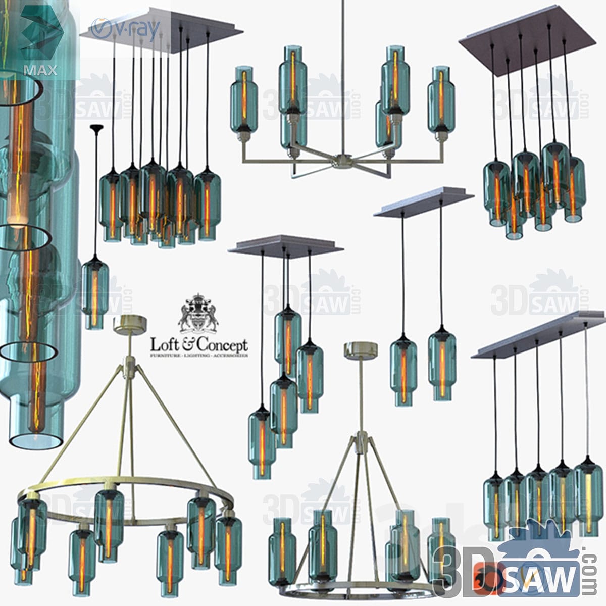 3ds Max collection of teal glass bottle pendants with Edison bulbs in cluster, ring and bar configurations