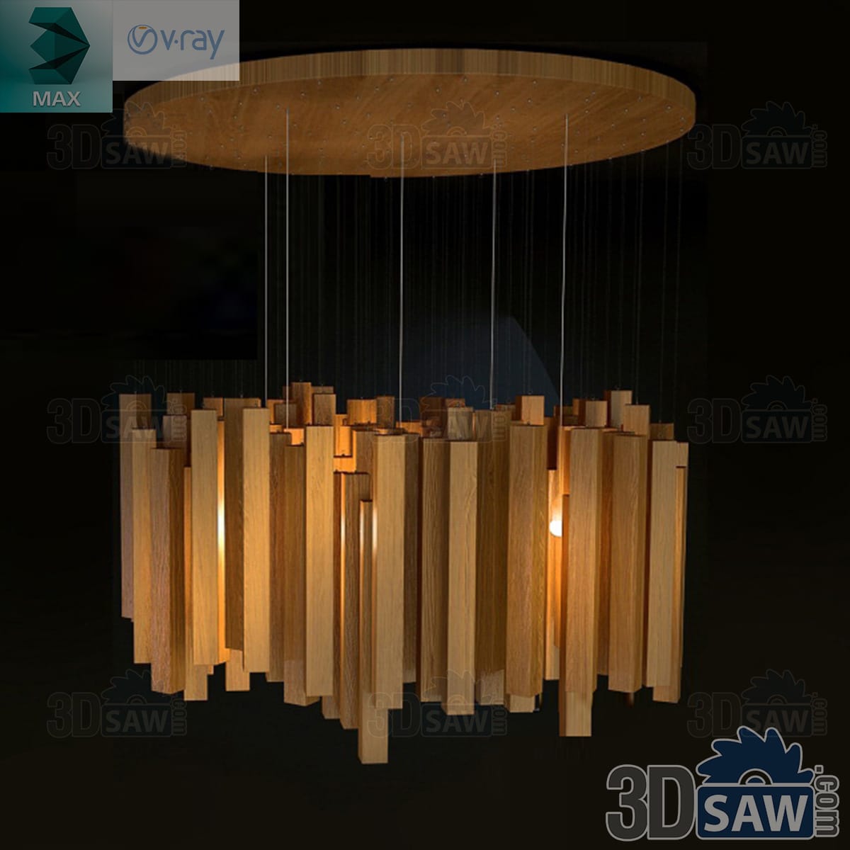3ds Max round pendant chandelier of staggered vertical oak slats glowing warm on a wood ceiling canopy