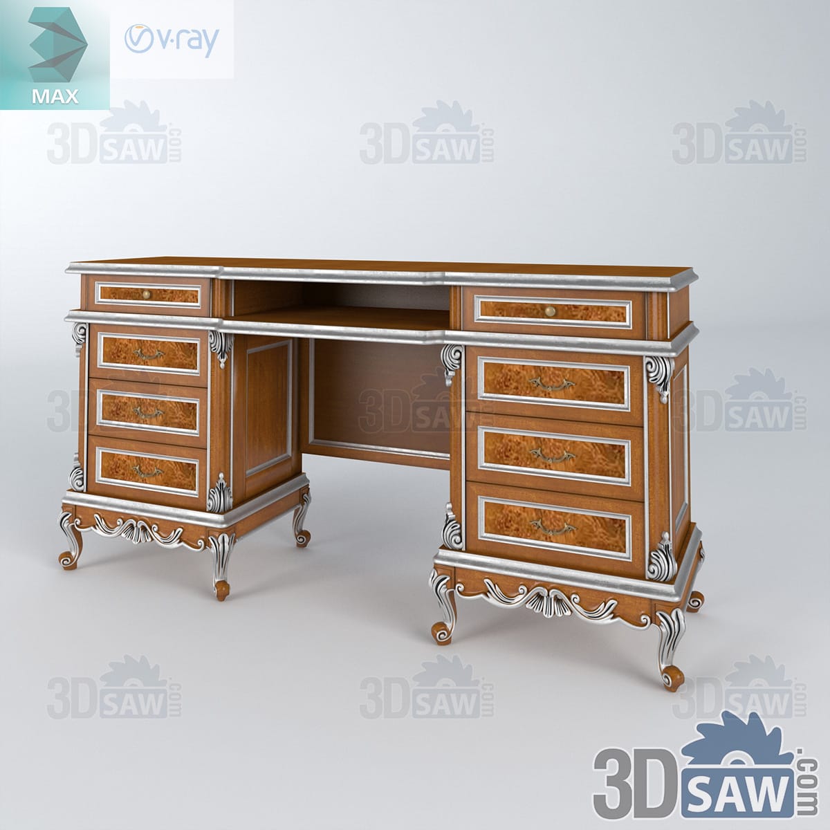 Twin-pedestal desk with burl-walnut panels, silver-leaf beading, stacked drawers and carved cabriole legs