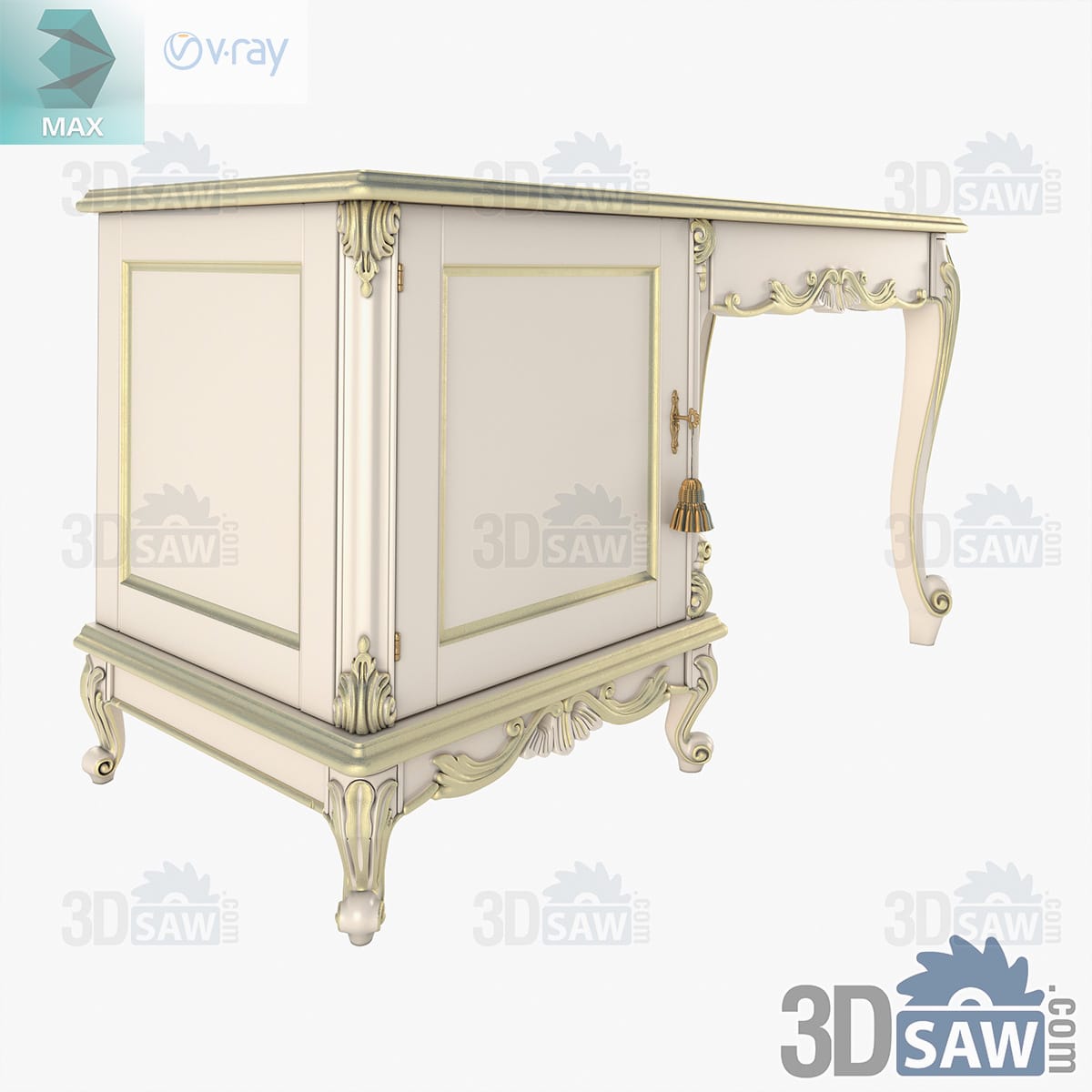 Ivory-painted pedestal desk with gold-lined panels, a tasselled key and scrolled giltwood cabriole legs