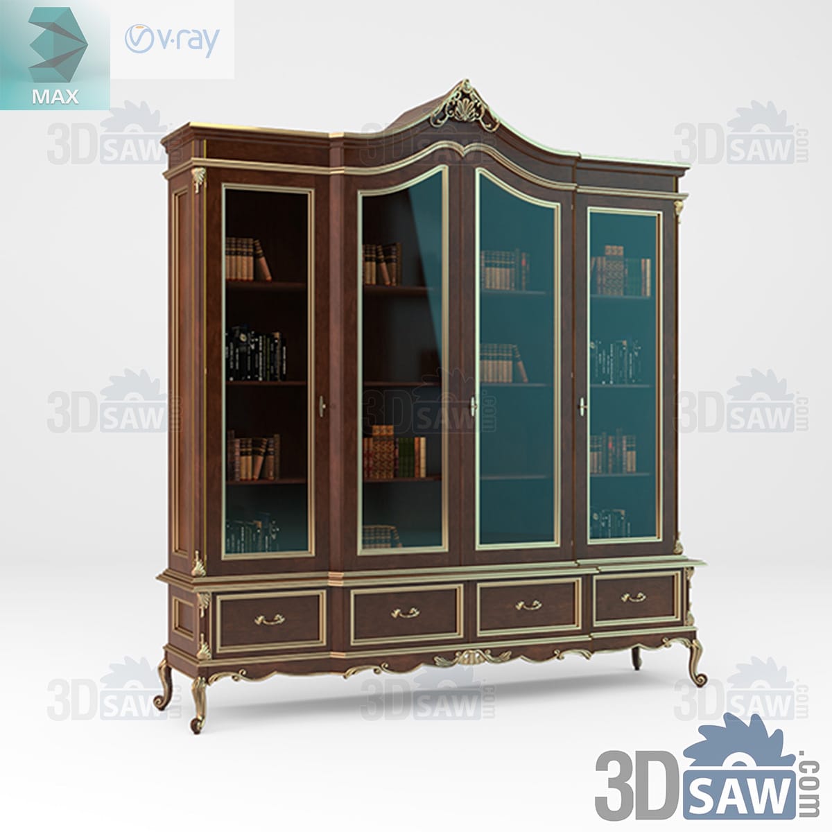 Tall mahogany library bookcase with four glazed doors, gilt beading, a carved shell crest and base drawers