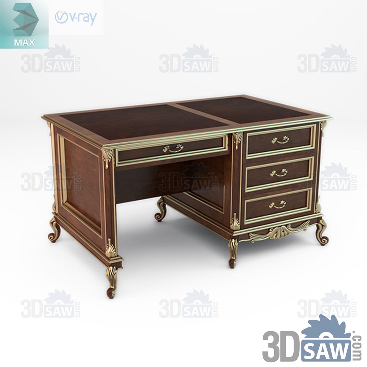 Dark mahogany writing desk with a two-panel leather top, gold-lined drawers and scrolled cabriole legs