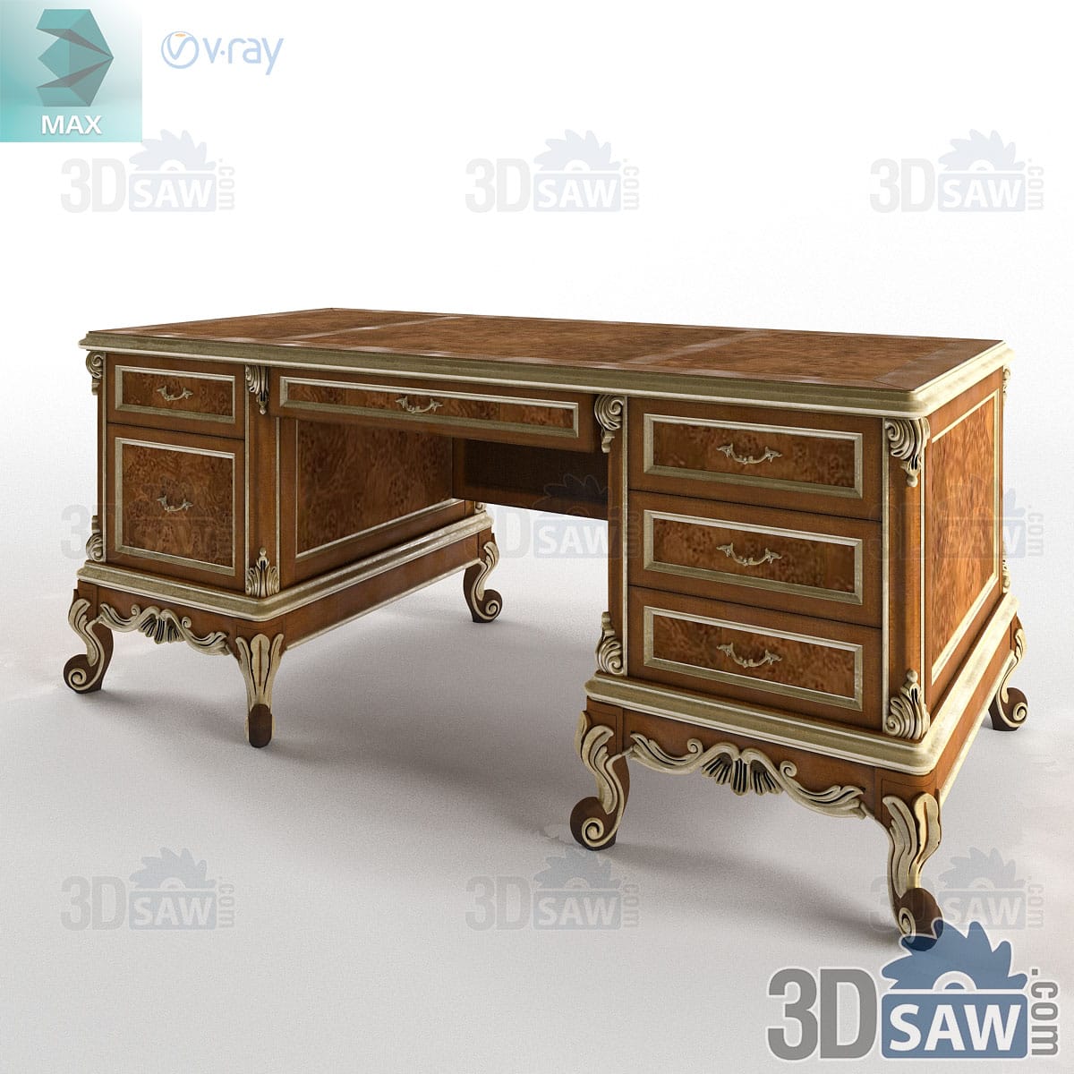 Ornate burl-walnut executive desk with heavy cream-and-gold carved corners and massive scrolled legs