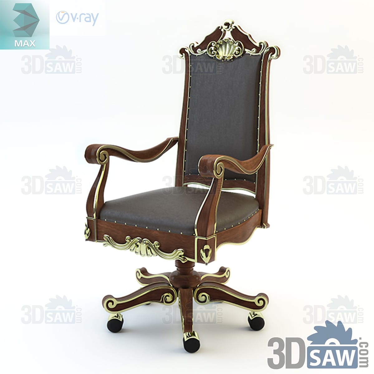 Baroque executive office chair with a carved gilded walnut frame, shell crest and black studded leather on a castor base