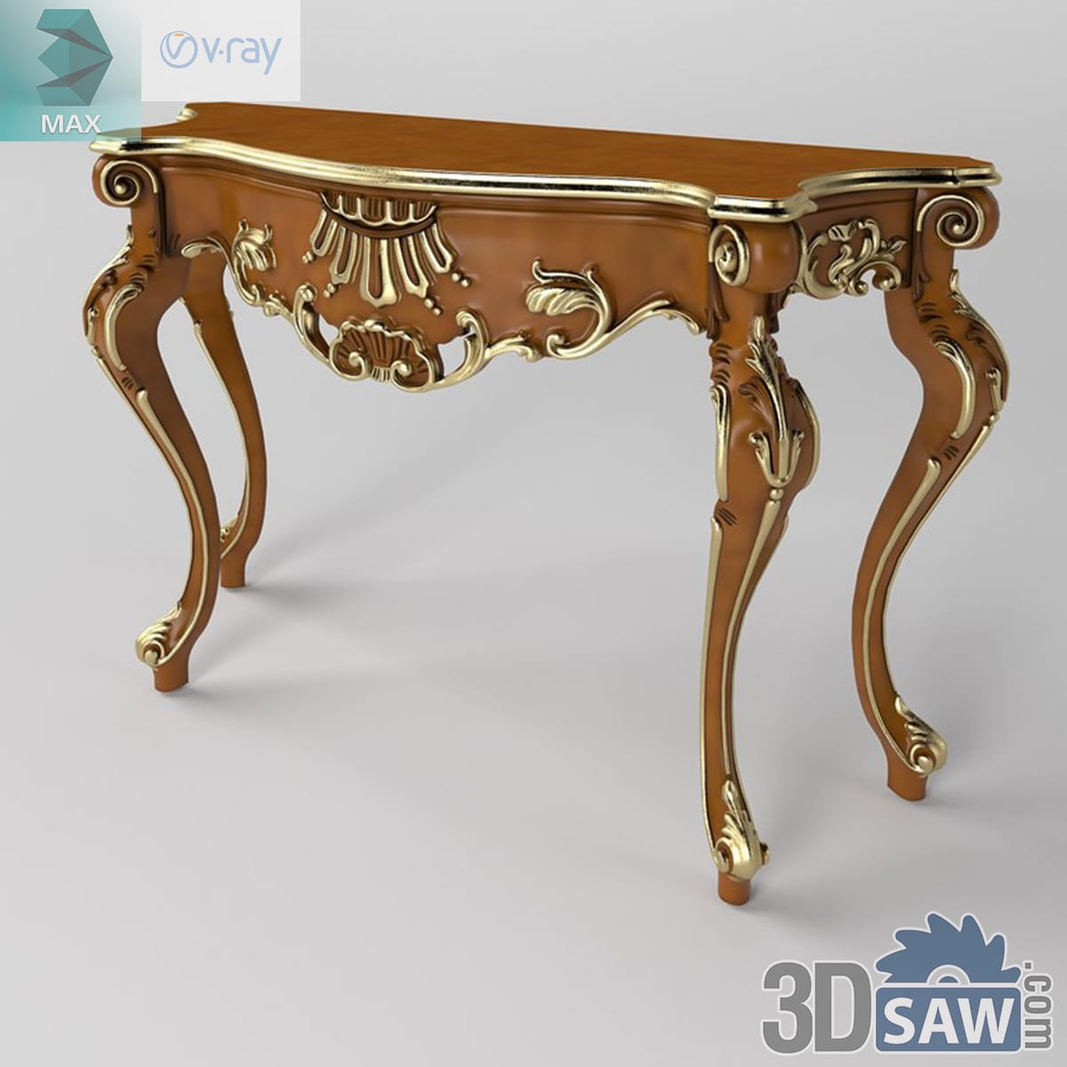Baroque walnut console table with heavy gold acanthus and shell carving on the apron and cabriole legs