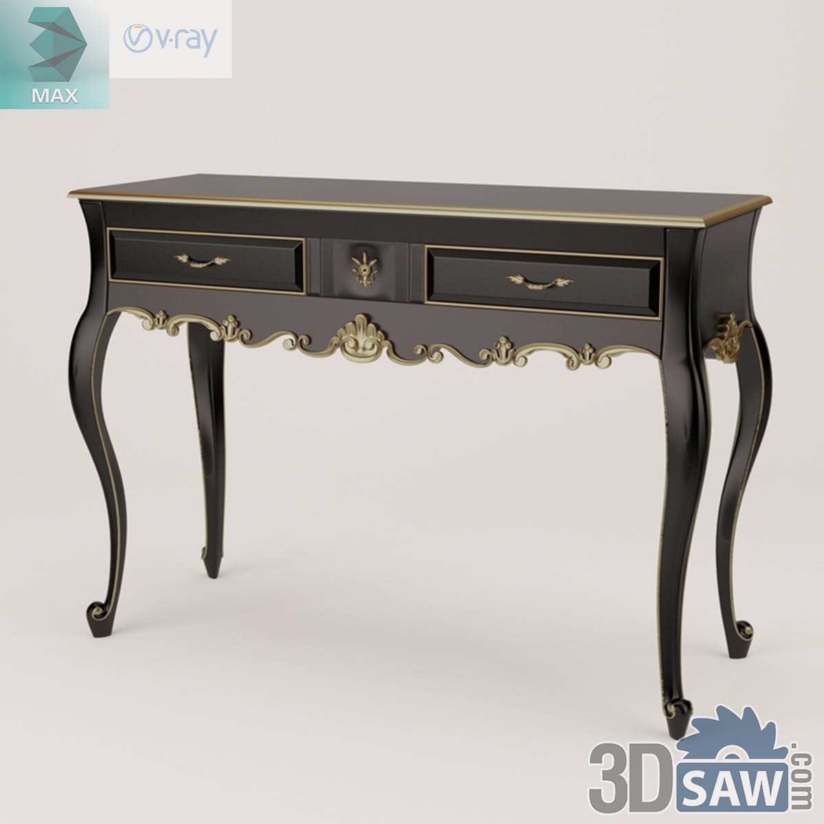 Baroque black lacquer console table with gold trim, three drawers and a gilt scrollwork apron on cabriole legs