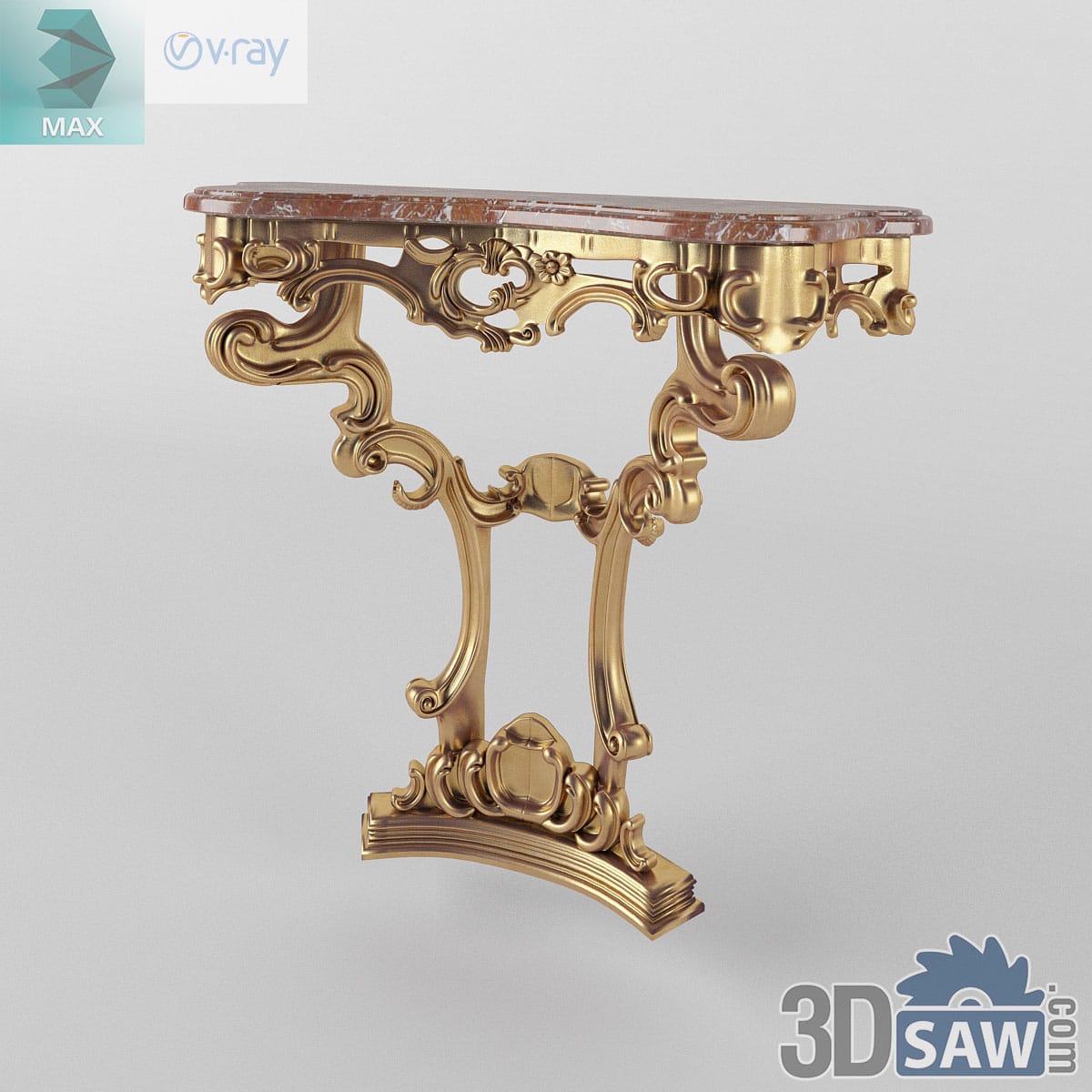 Baroque gilded console table of rococo scrollwork with a shaped rouge marble top