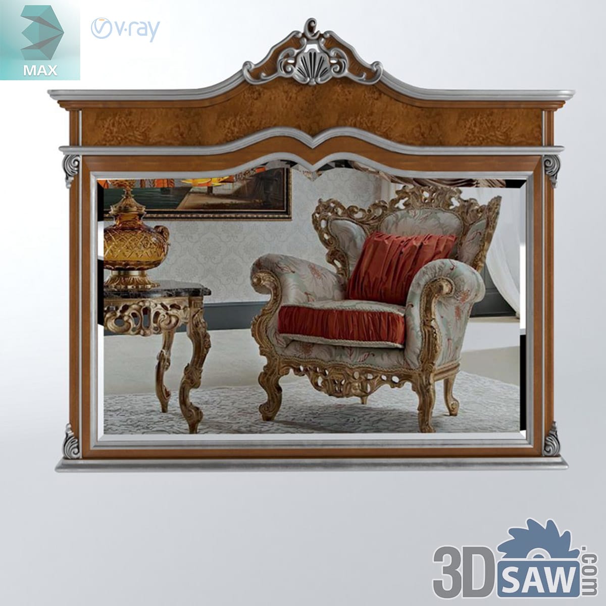 Baroque wide overmantel mirror in a burl-veneer frame with silver-leaf mouldings and a carved shell crest