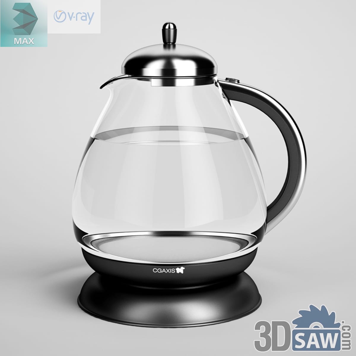 Glass-bodied electric kettle with a domed stainless lid and a black handle on a round base