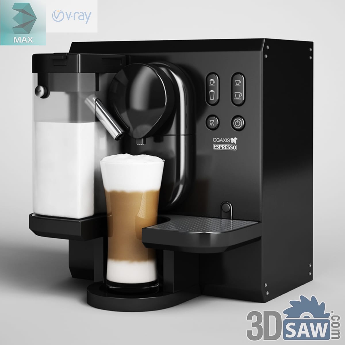Black capsule espresso machine with a side milk frother pouring a layered latte into a glass