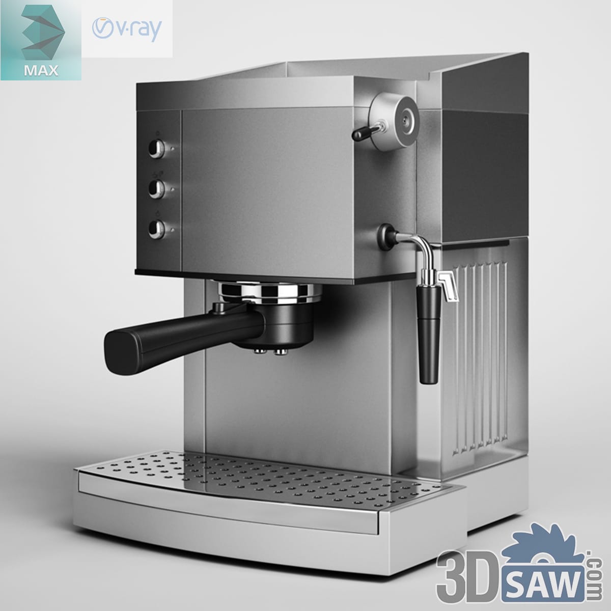 Brushed stainless espresso machine with a portafilter, steam wand and perforated cup tray