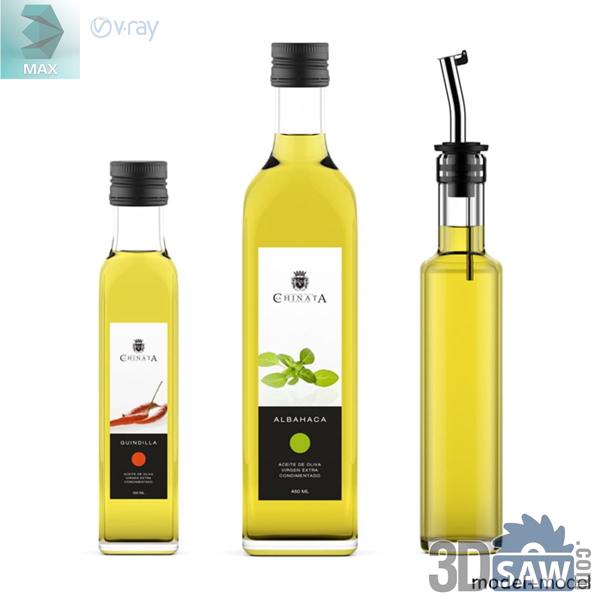 Three glass olive oil bottles, one with a chilli inside and one with a chrome pour spout