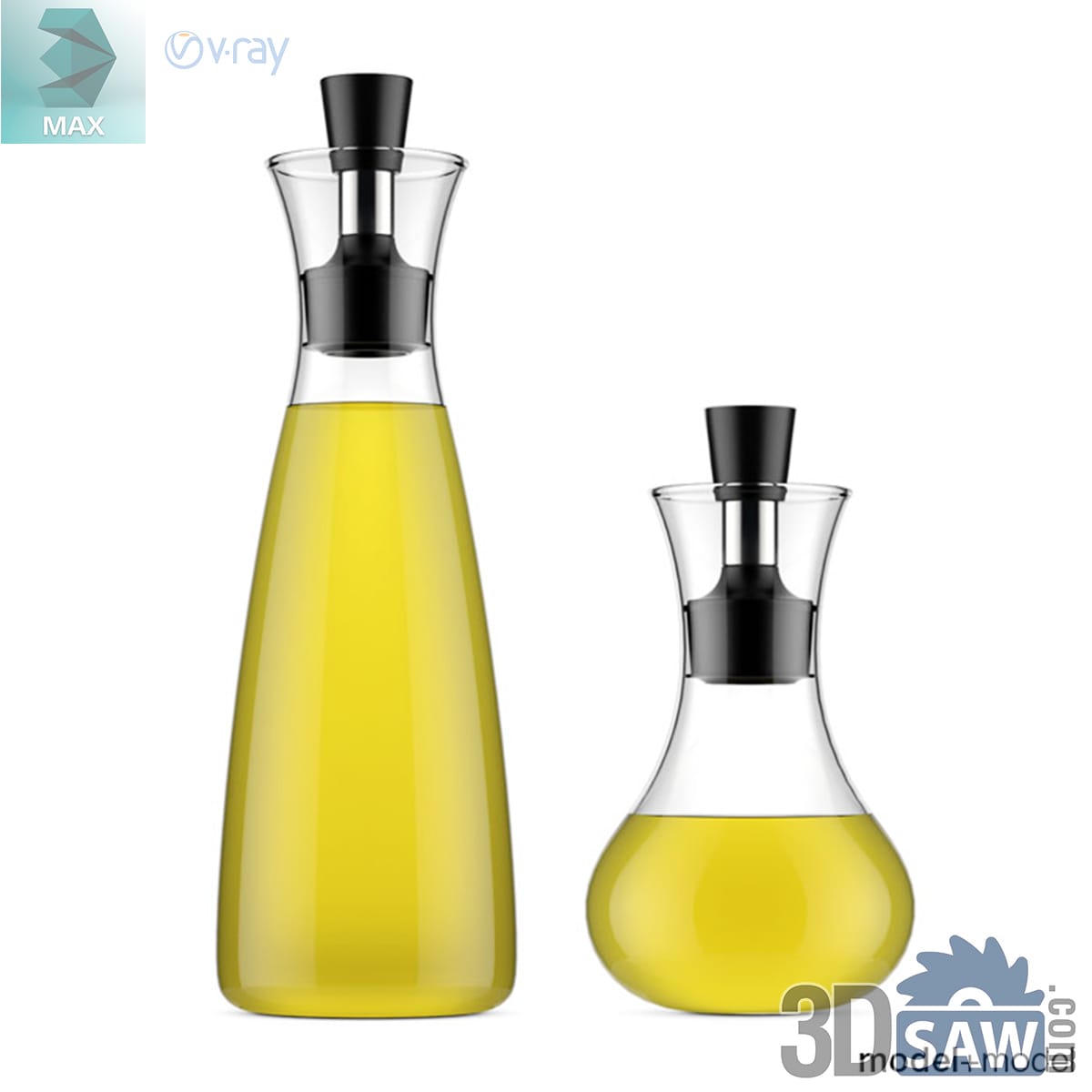 Tall and short glass oil and vinegar cruets with stainless collars and push-button pour tops