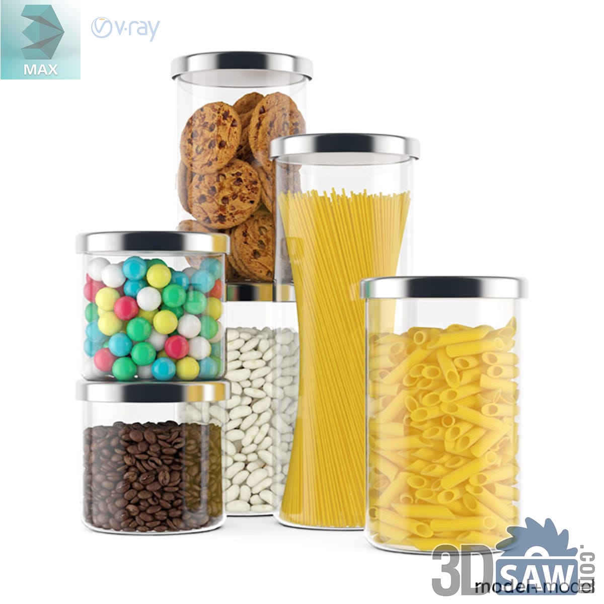 Five glass storage jars with steel lids holding pasta, coffee beans, sweets and dried beans