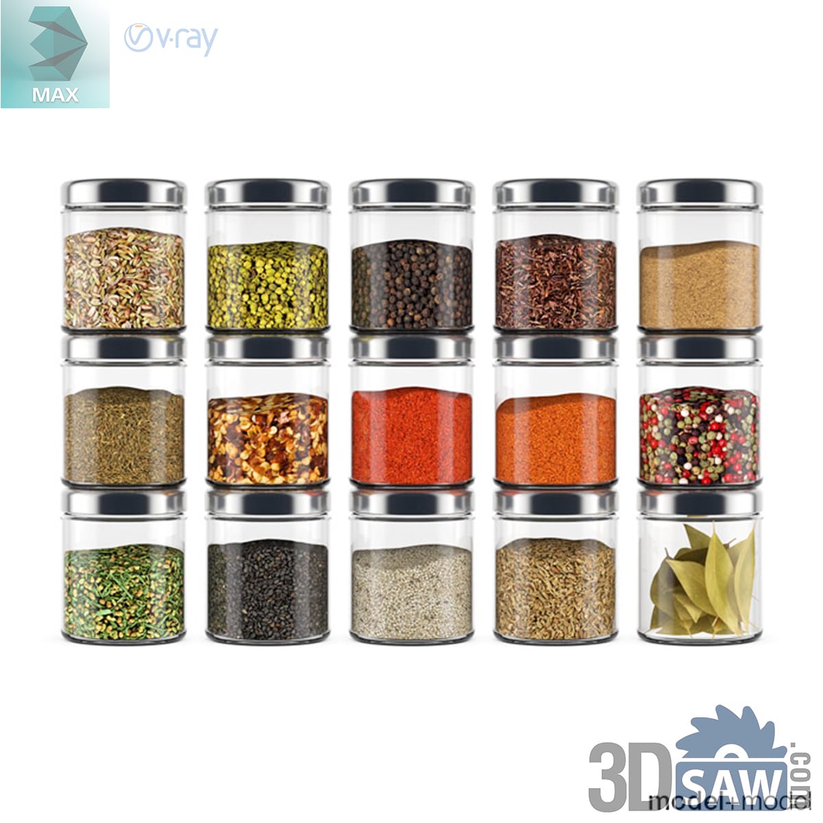 Fifteen stacked glass spice jars with steel lids holding assorted ground and whole spices