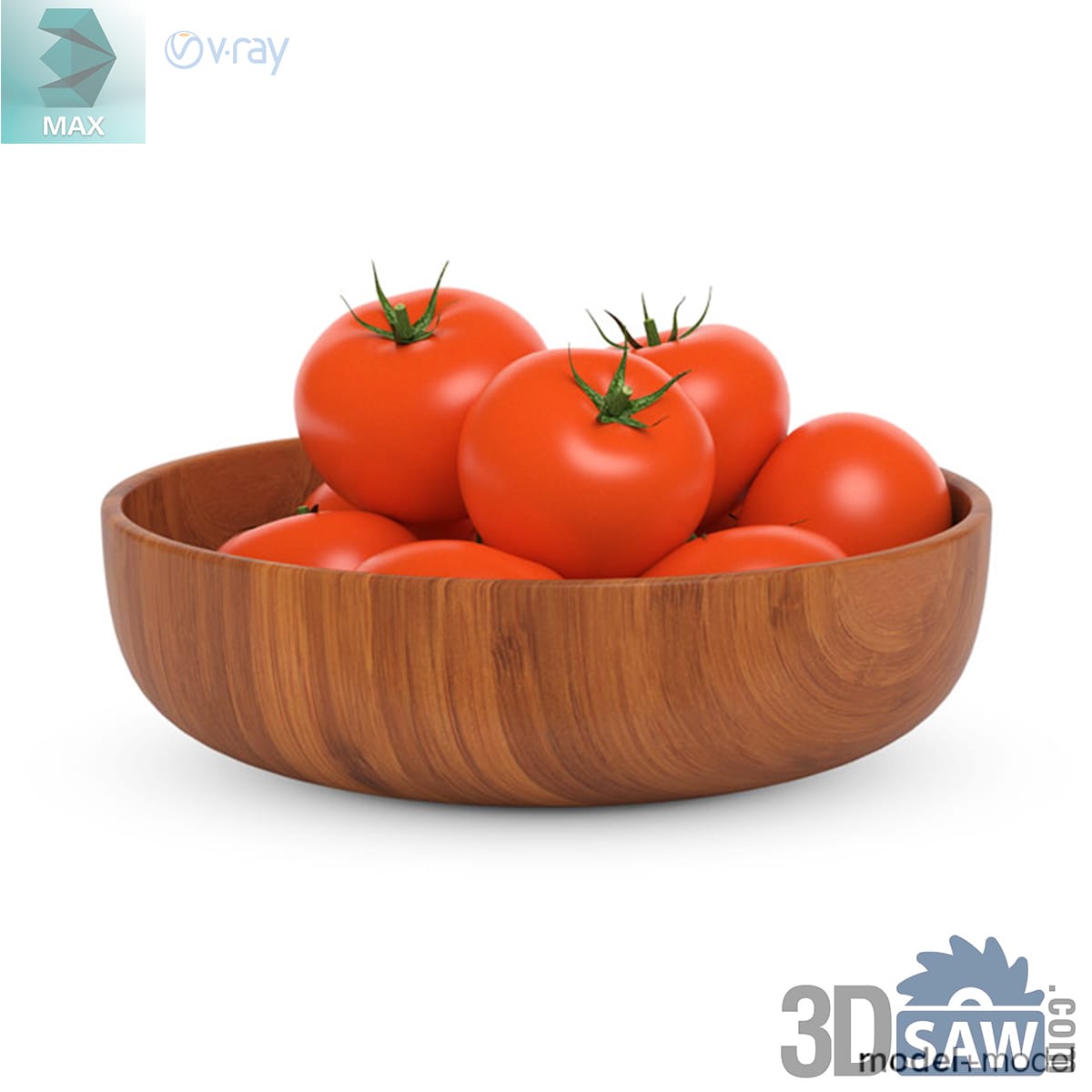 Turned teak bowl piled with ripe red tomatoes, some still on the vine