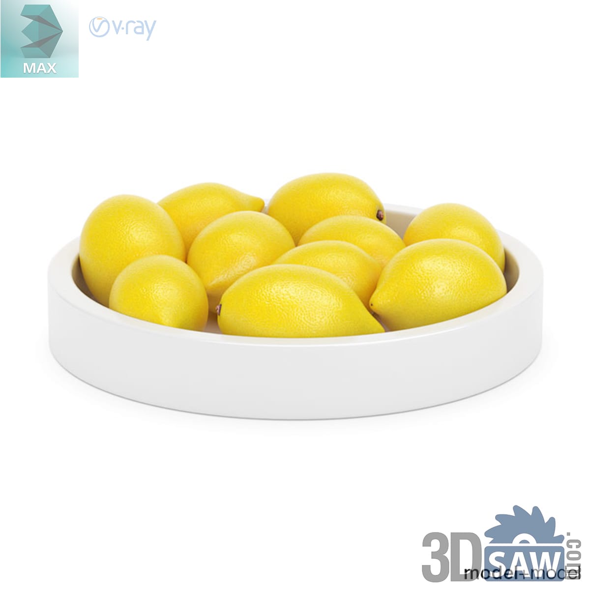 Shallow round white ceramic dish holding a cluster of bright yellow lemons