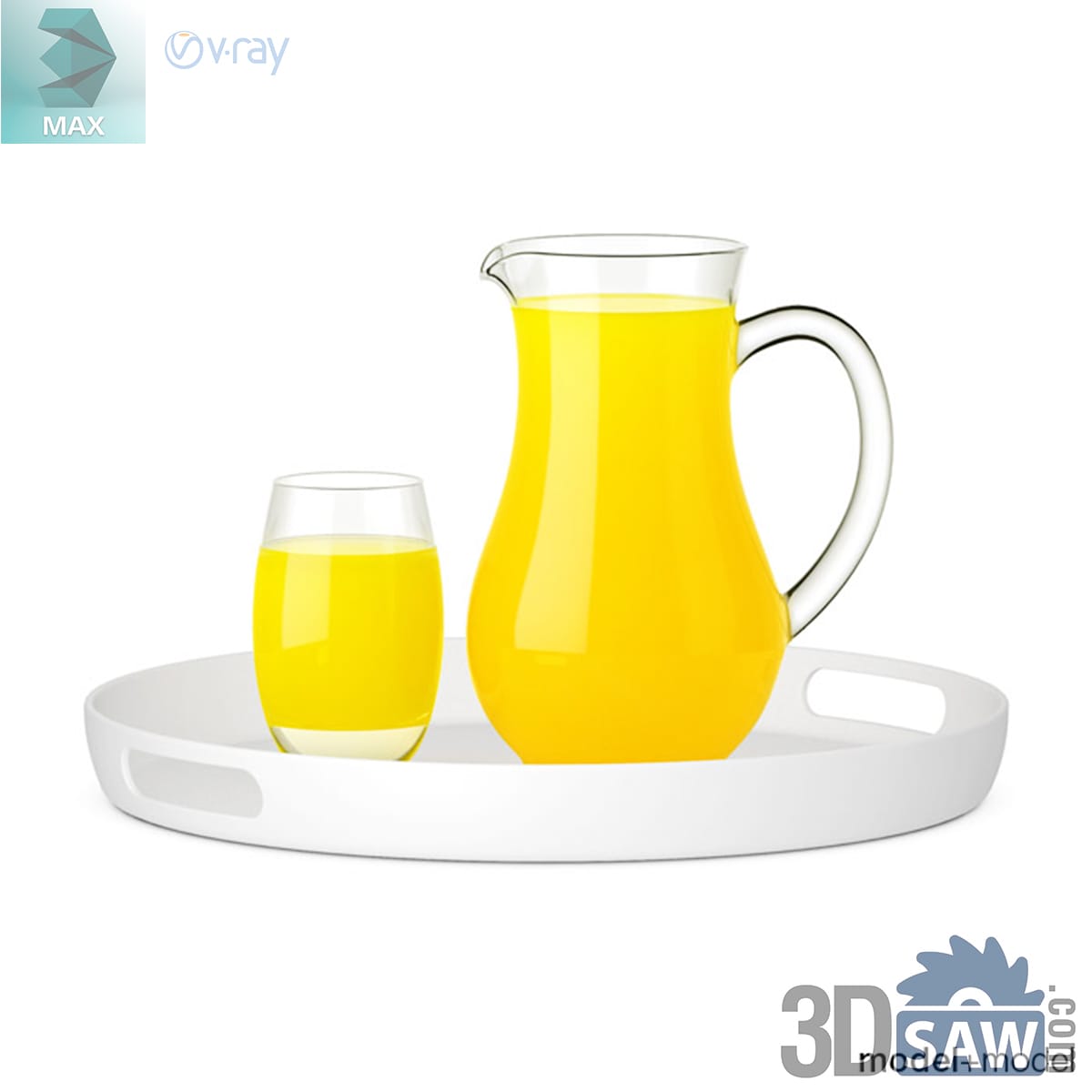 White handled tray with a glass jug of orange juice and a half-full tumbler