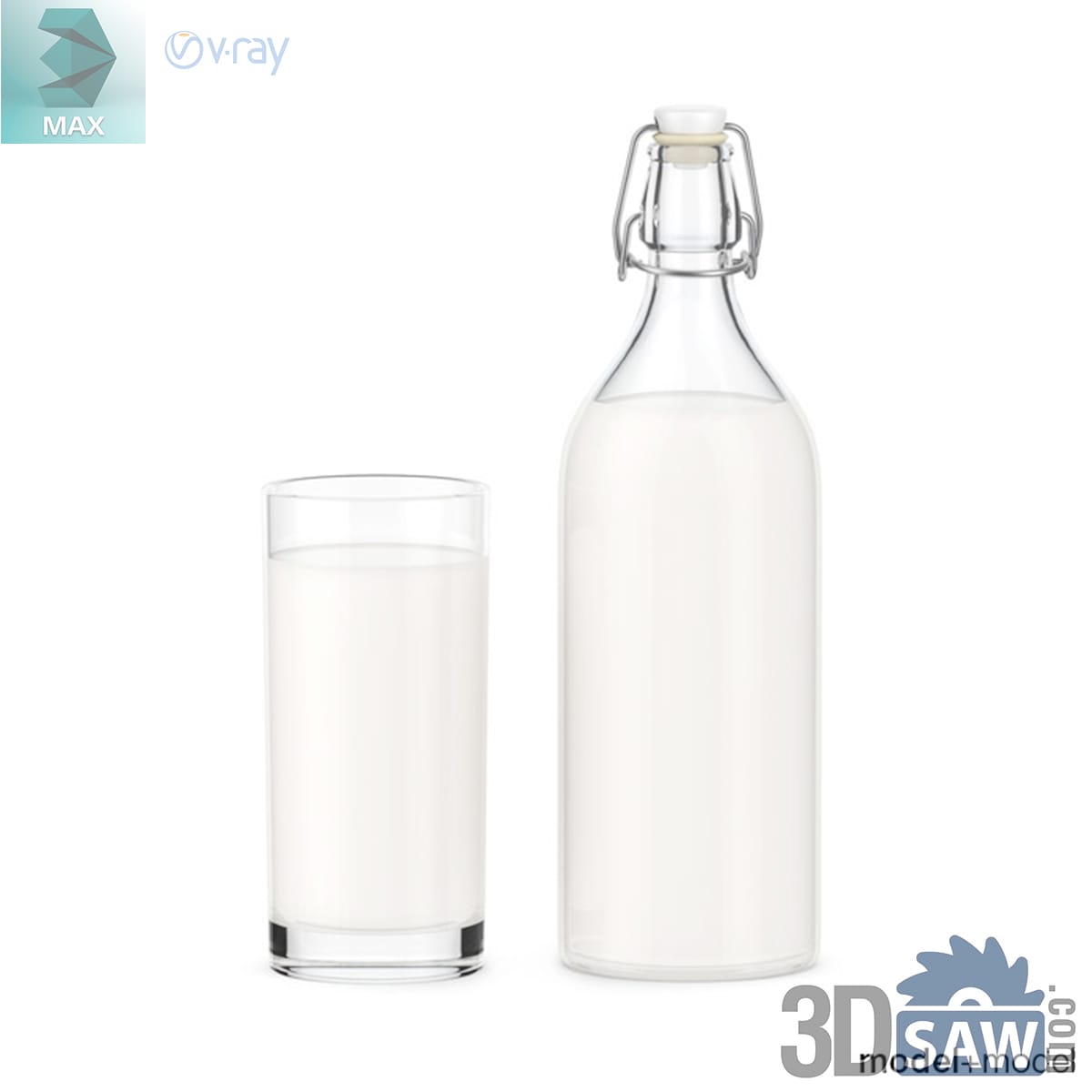 Swing-top glass milk bottle with a ceramic stopper next to a tumbler of milk