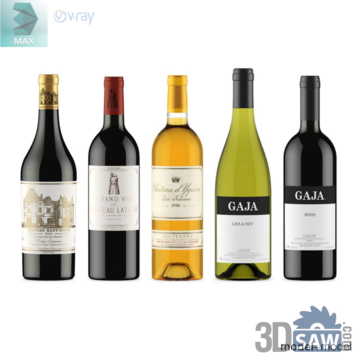 Five wine bottles in a row, three red Bordeaux shapes, one green-glass white and one black-glass red