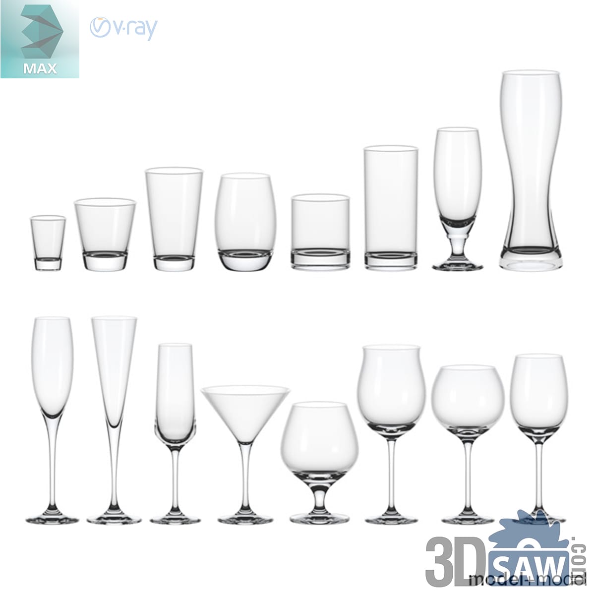 Two rows of clear glassware including tumblers, beer glasses, flutes, a martini glass and wine goblets