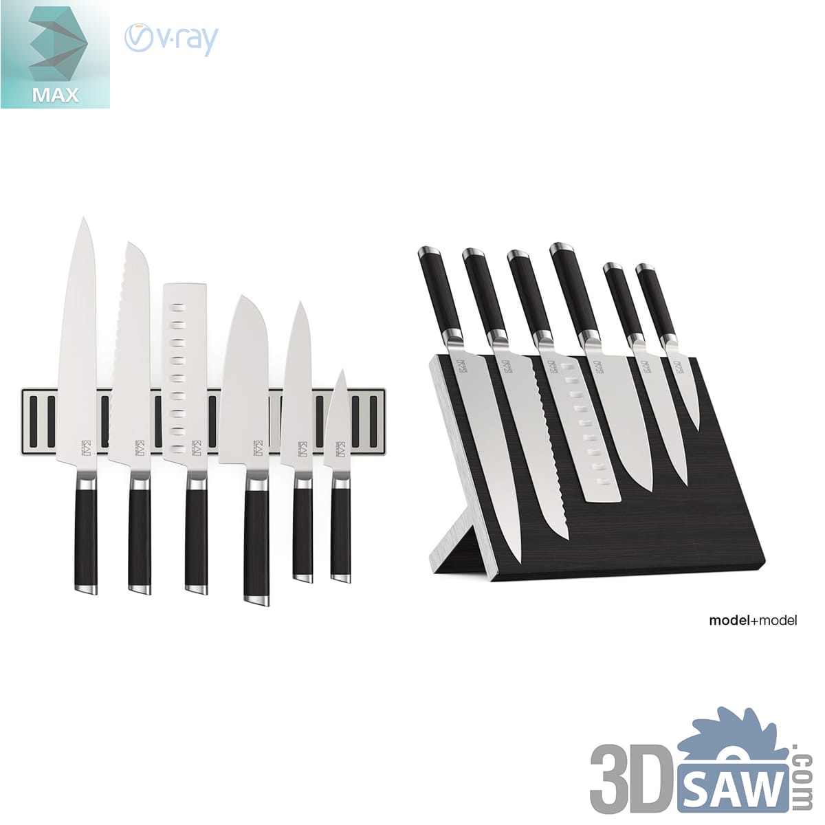 Six-piece black-handled knife set on a stainless magnetic bar and in an angled dark wood block