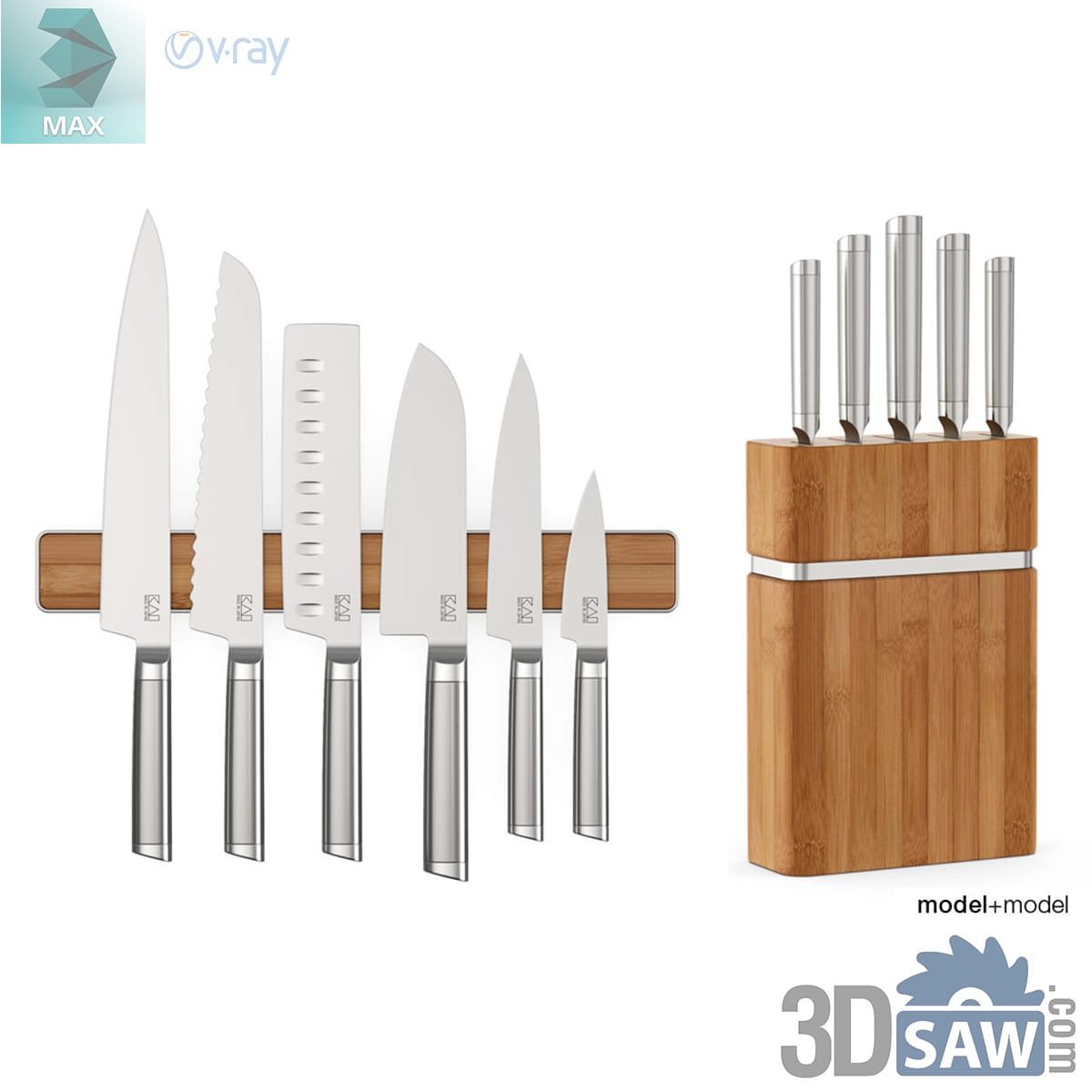Six steel-handled kitchen knives on a wooden magnetic strip and in an upright bamboo block