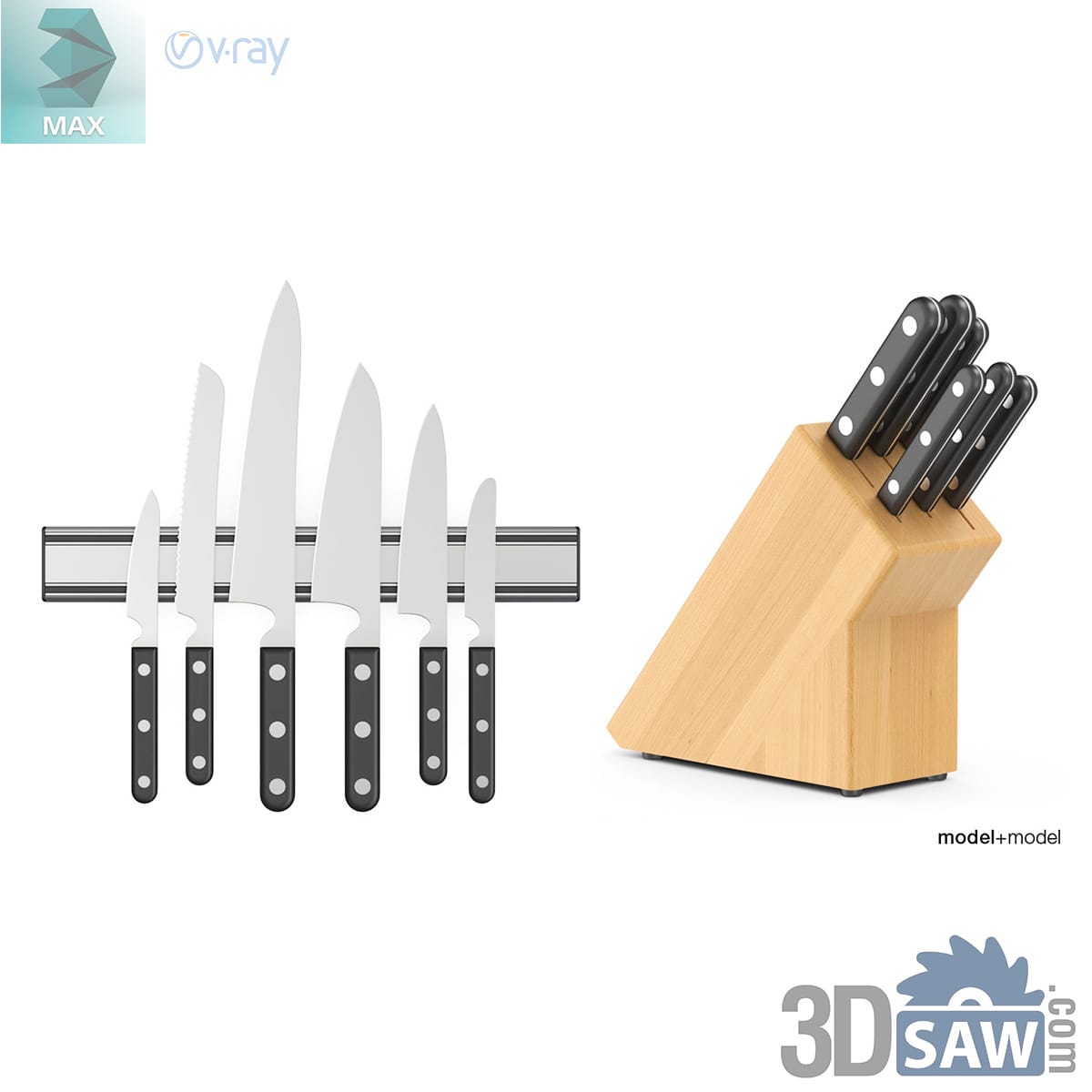 Forged knife set with riveted black handles on a magnetic rail and in a pale beech block