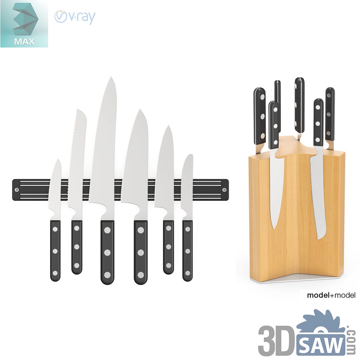 Riveted-handle knife set on a magnetic bar and in a curved light wood block with a splayed base