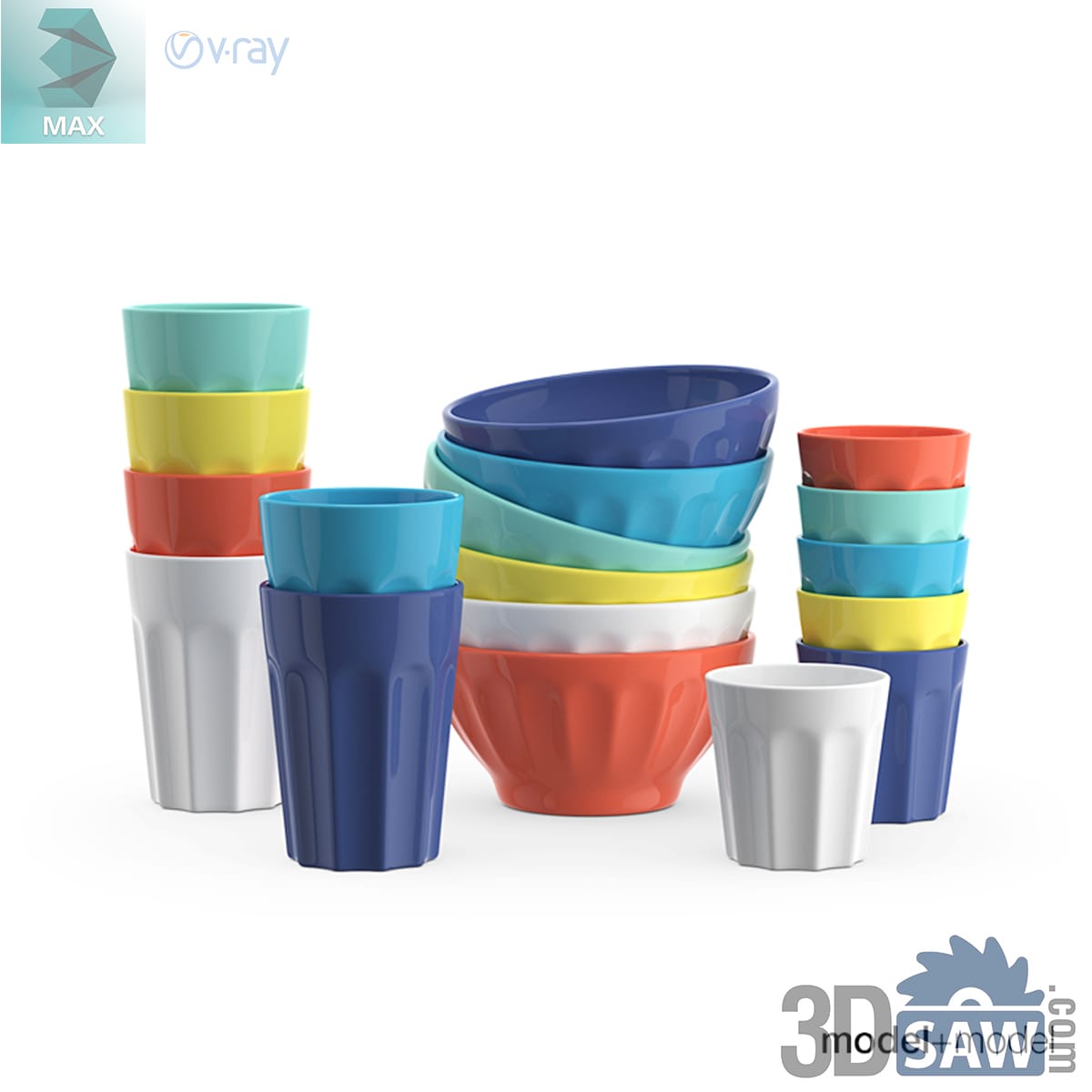 Stacked faceted tumblers and fluted bowls in turquoise, cobalt, yellow, coral and white