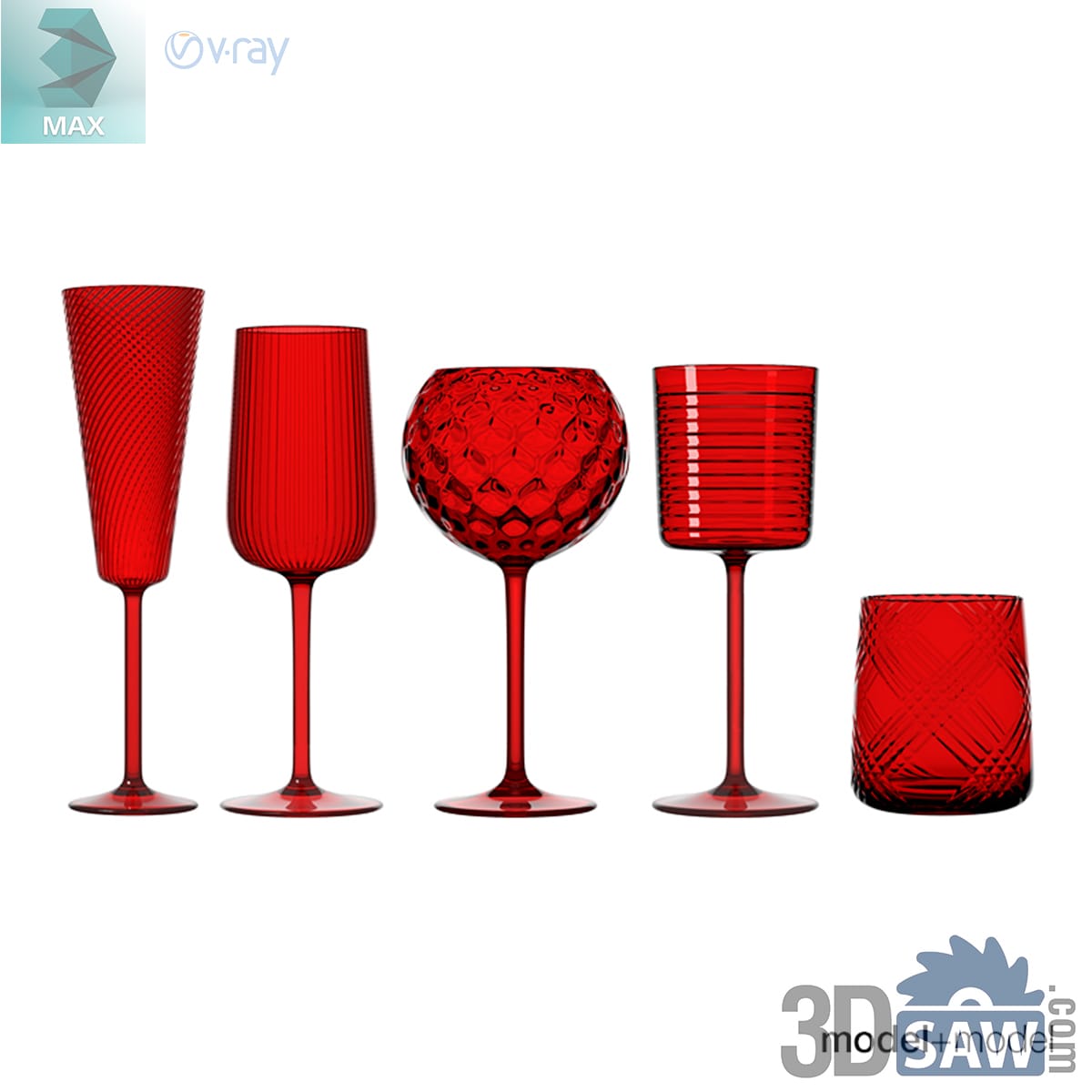 Five ruby-red glasses: a fluted flute, ribbed wine glass, dimpled goblet, banded glass and cut tumbler