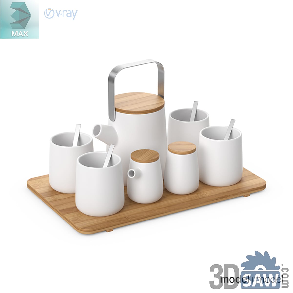 Matte white teapot, mugs with steel spoons and a sugar pot on a bamboo tray with a wire handle