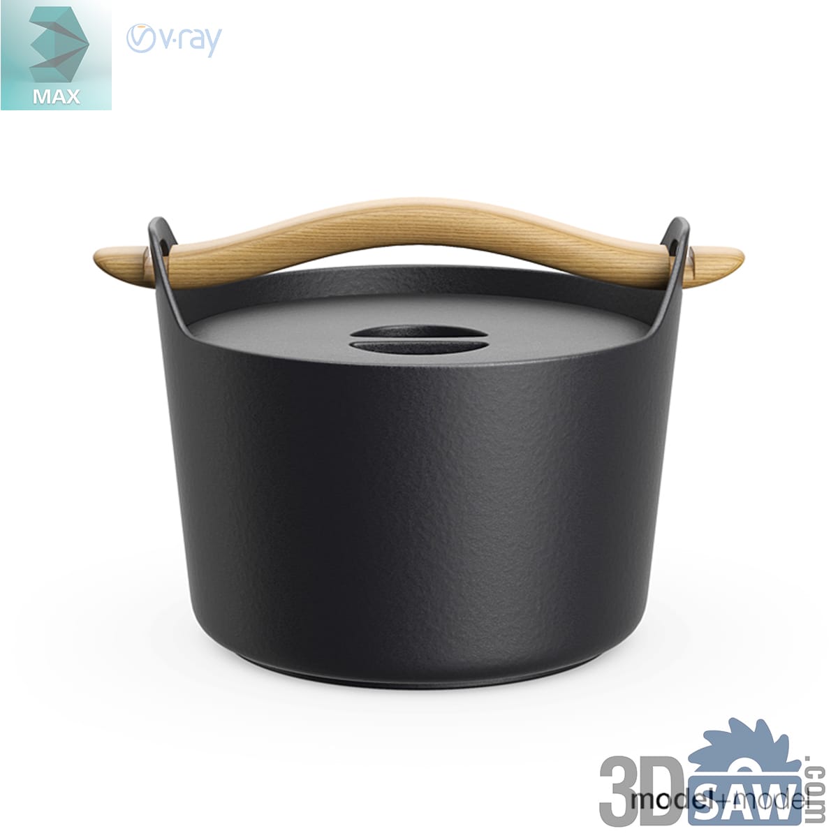 Squat matte black cast-iron pot with a textured finish and a folding wooden bail handle