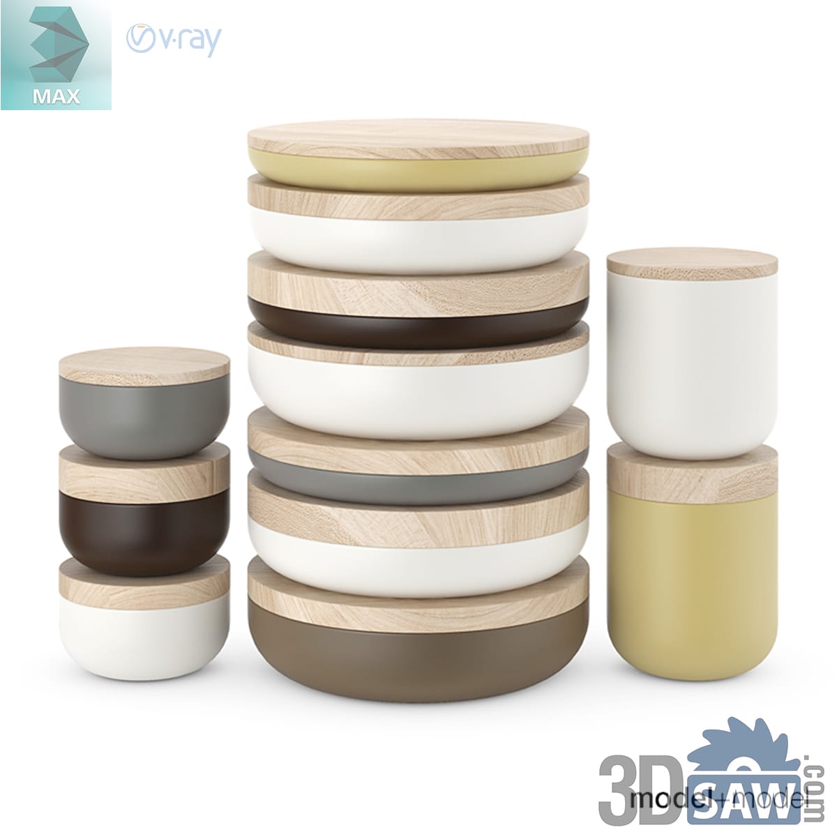 Stacked matte ceramic storage bowls and canisters in olive, brown, grey and white with oak lids