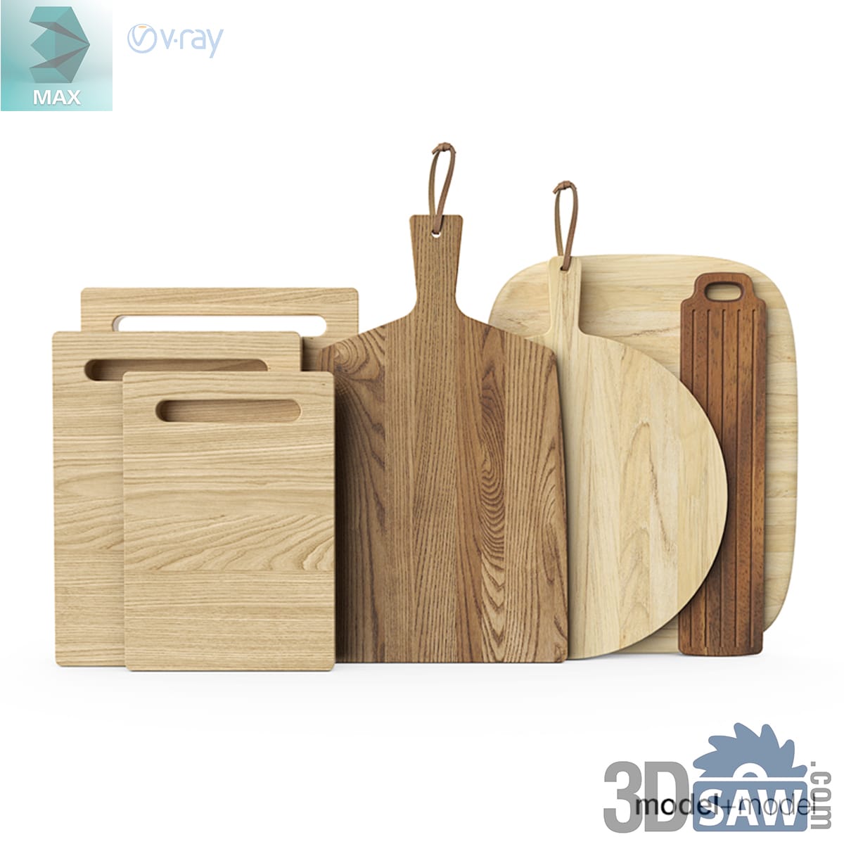 Seven wooden cutting and serving boards in ash and walnut, some with leather hanging loops