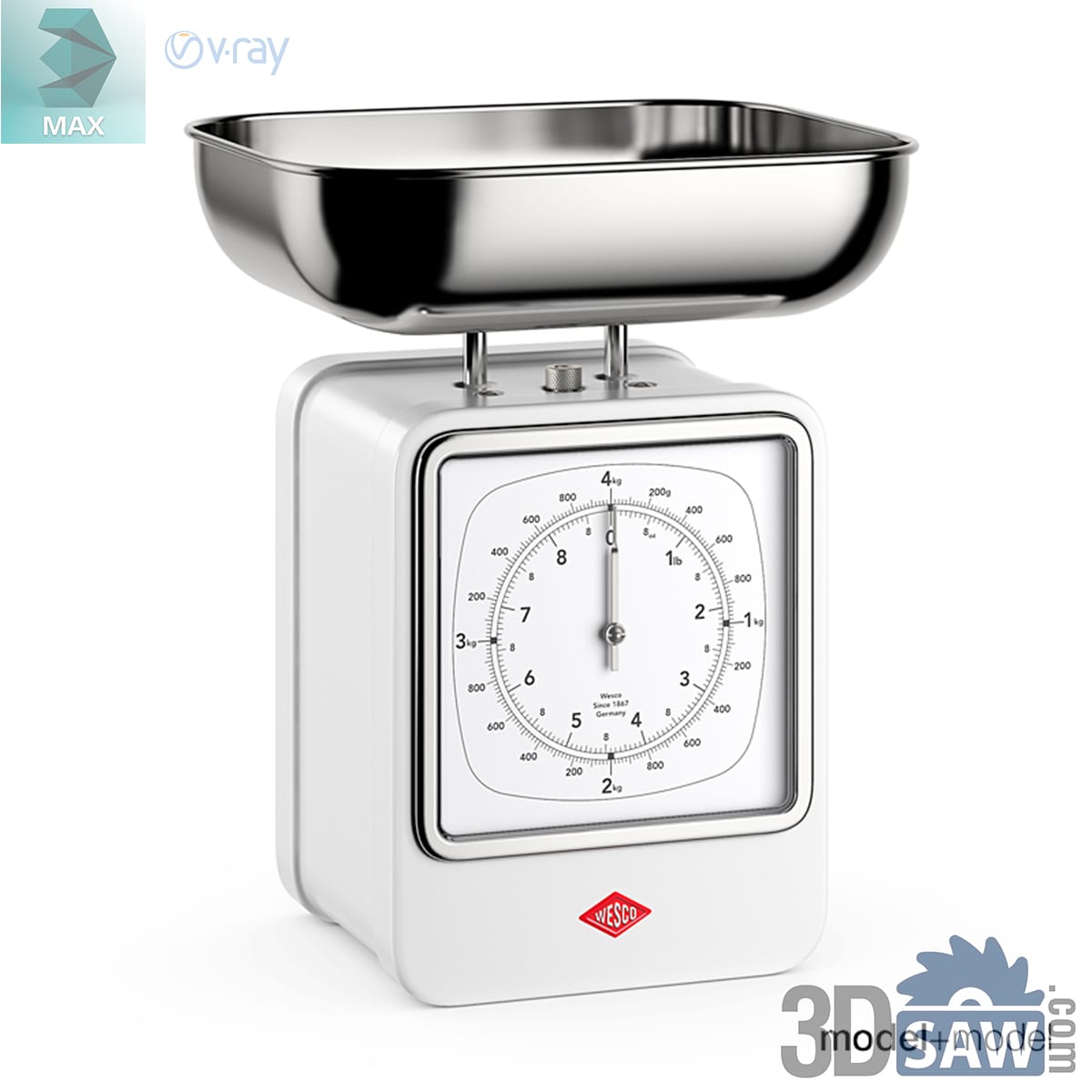 Retro white mechanical kitchen scale with a round clock-face dial and a stainless weighing pan